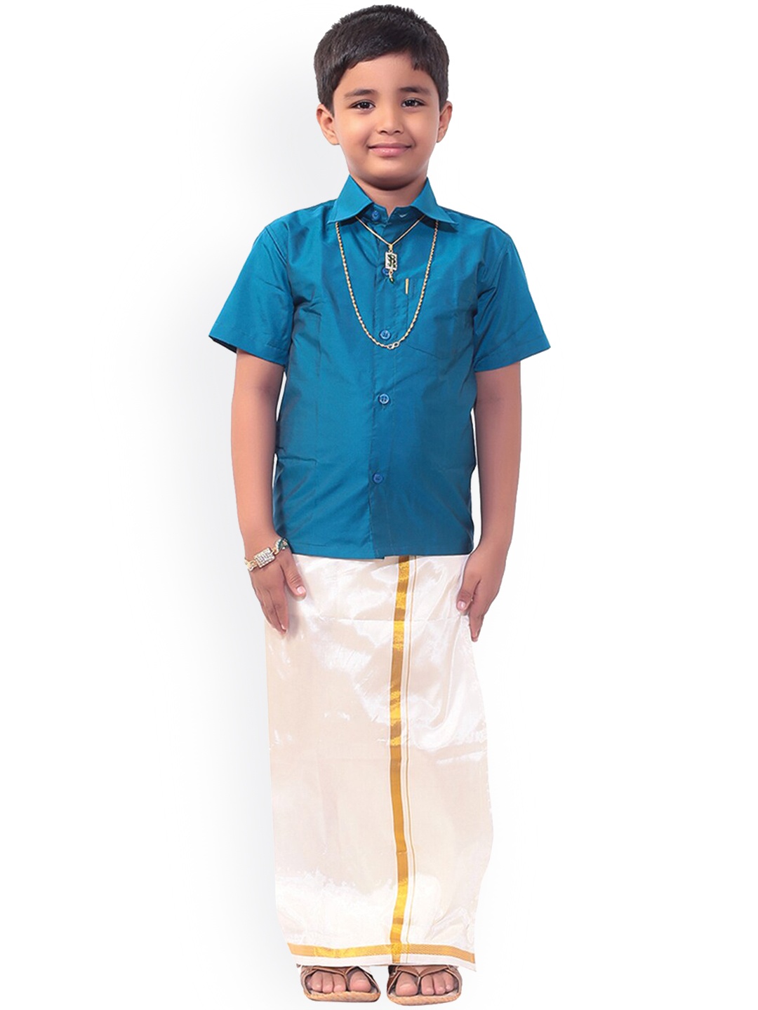 

Thala-thalapathy Boys Blue Solid Shirt with Veshti & Gift Set
