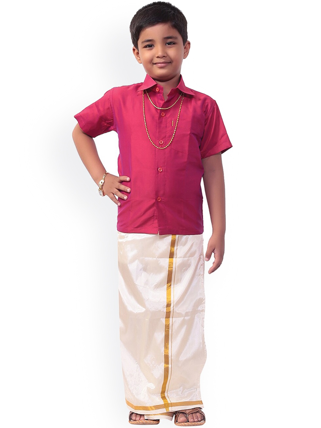 

Thangamagan Boys Pink & White Solid Shirt and Veshti
