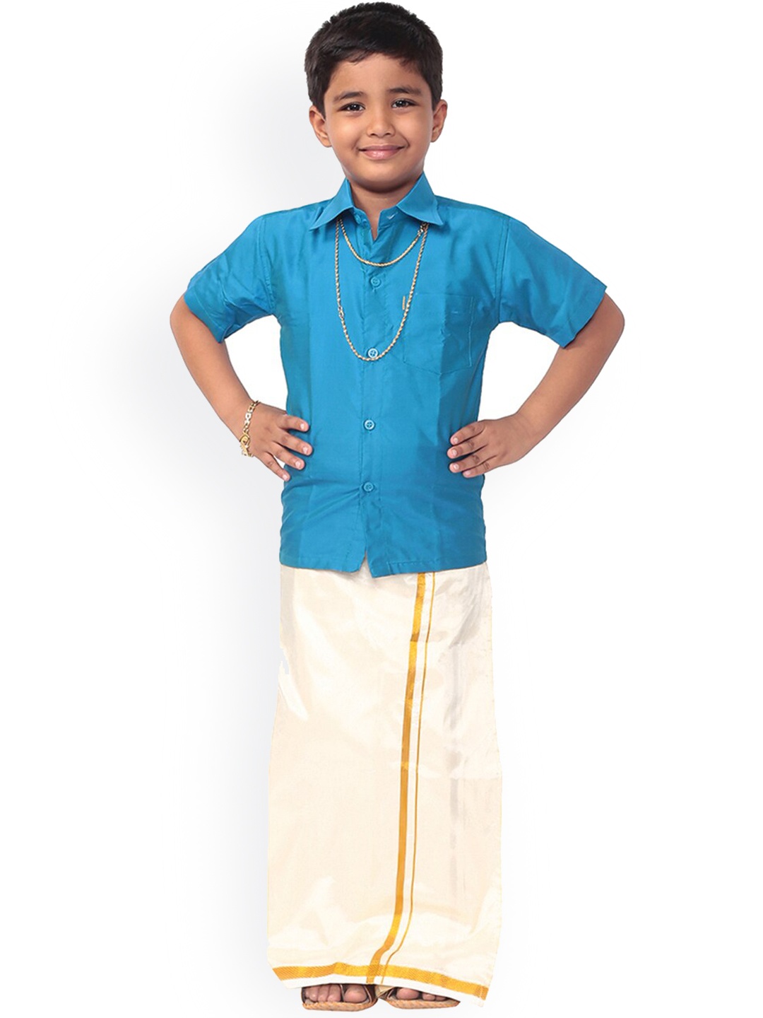 

Thangamagan Boys Blue & White Solid Shirt and Veshti