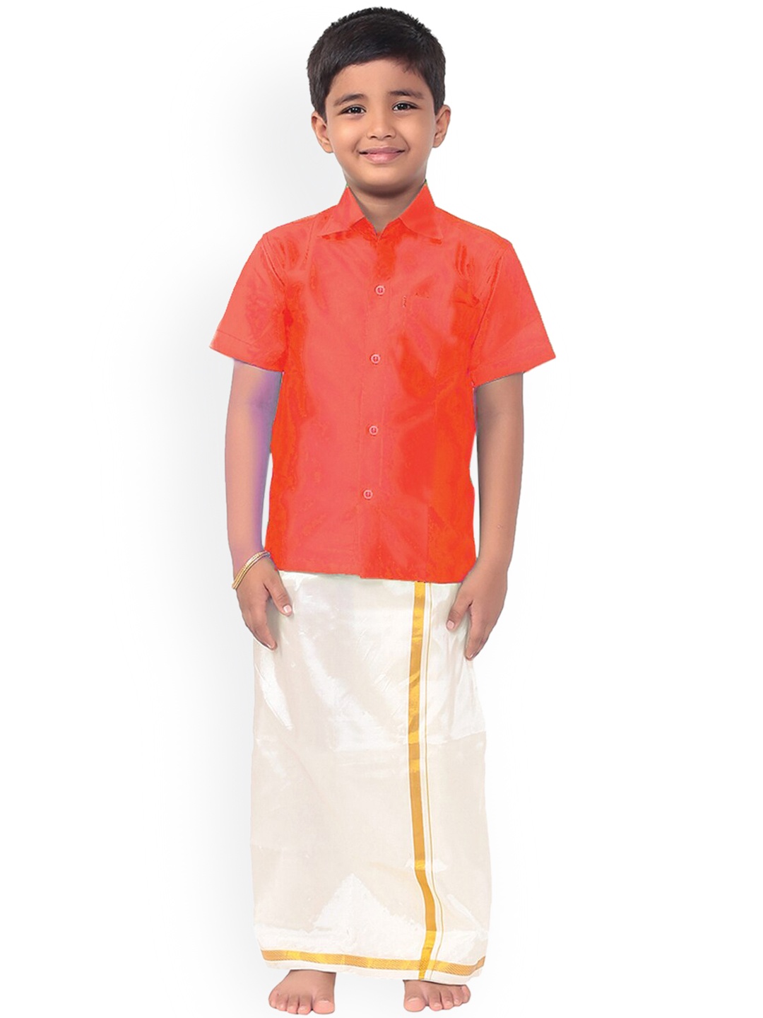

Thangamagan Boys Orange & Cream-Coloured Solid Shirt and Veshti