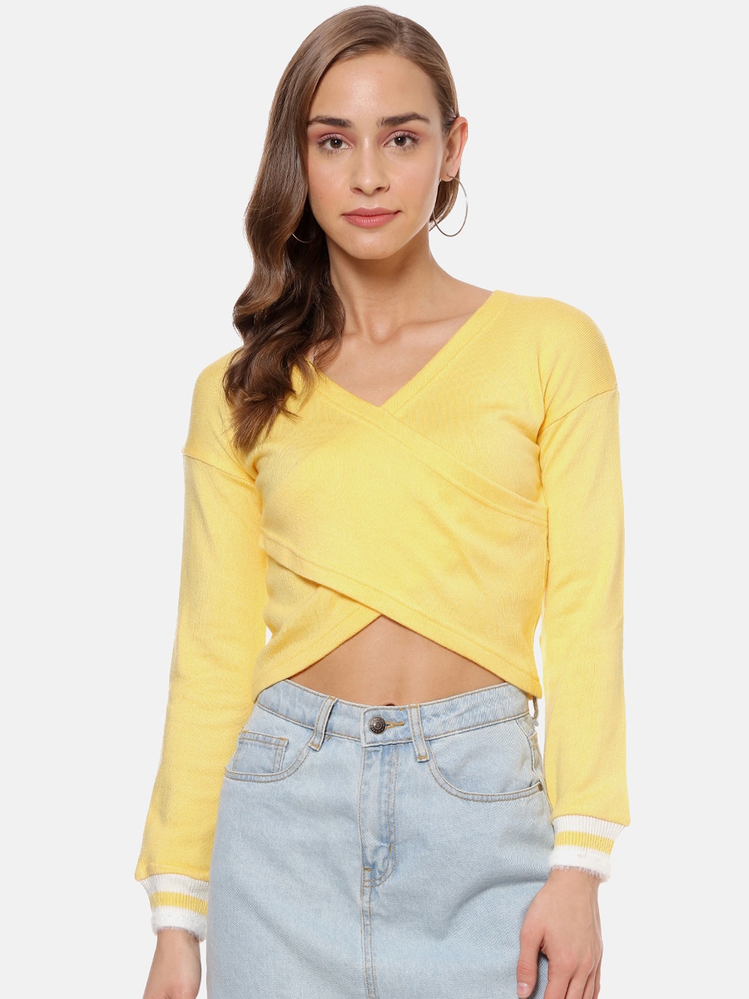 Campus Sutra Women Yellow Solid Wrap Crop Top