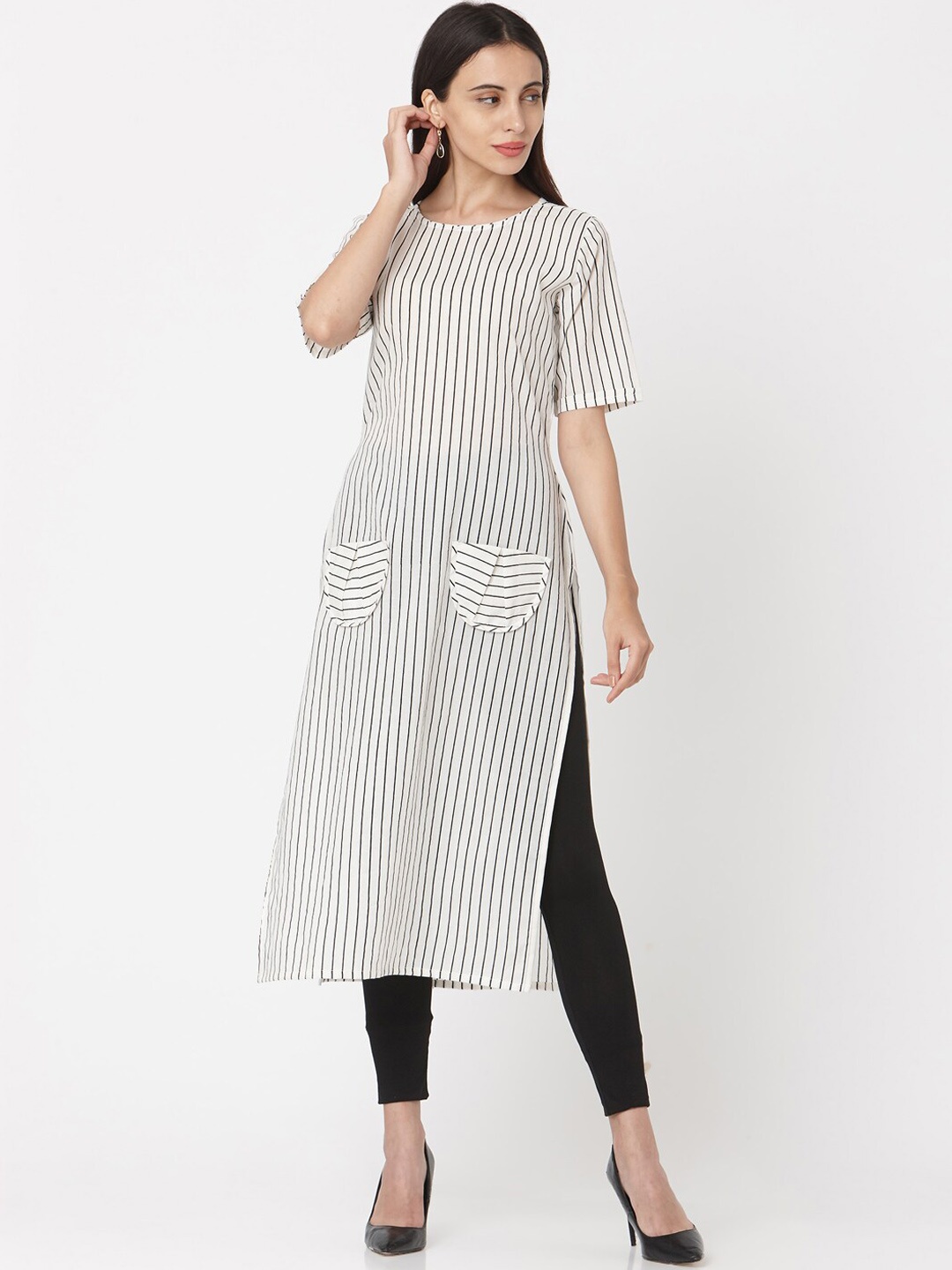 

Saanjh Women White & Black Striped Straight Kurta