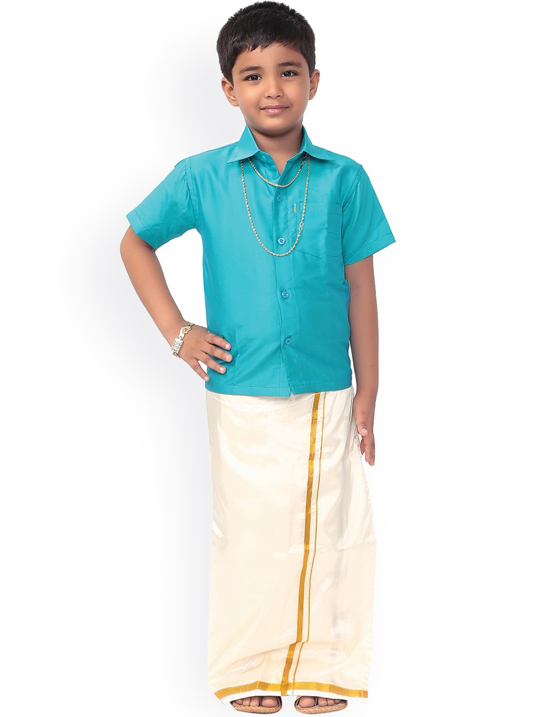 

Thala-thalapathy Boys Blue & Off-White Solid Shirt and Veshti With Towel Gift Set