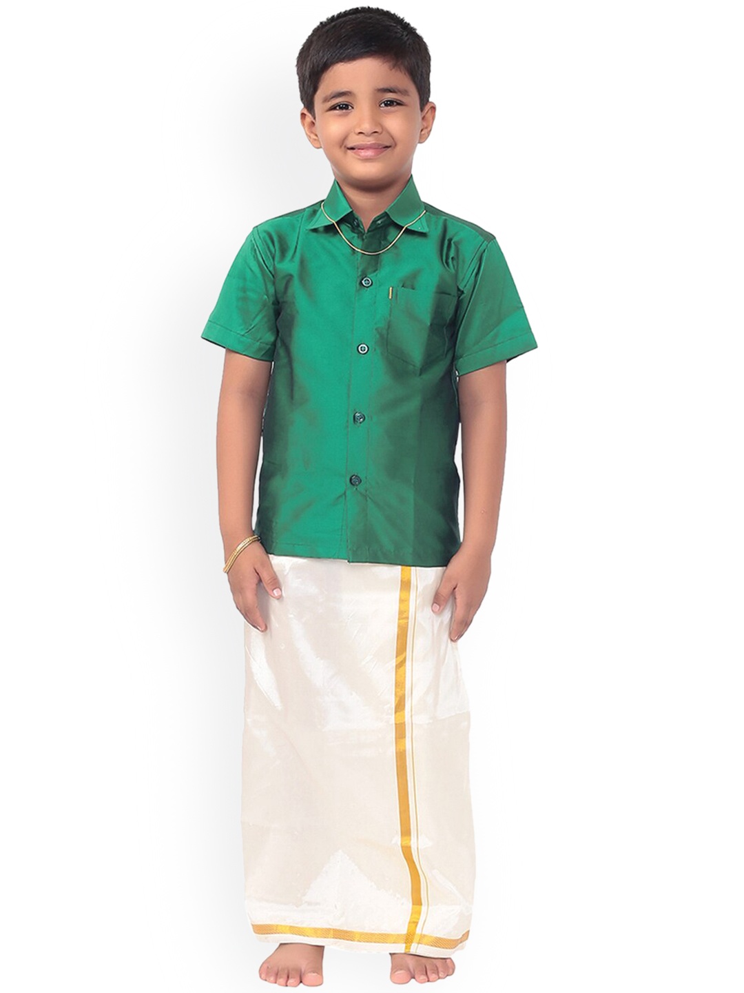 

Thala-thalapathy Boys Green & Off-White Solid Shirt with Veshti & Gift