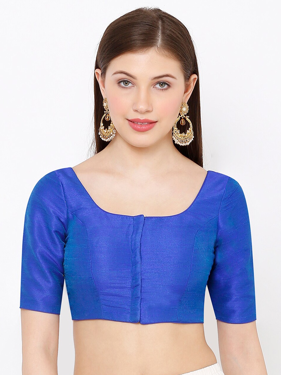 

SALWAR STUDIO Women Blue Solid Mulbury Silk Padded Saree Blouse