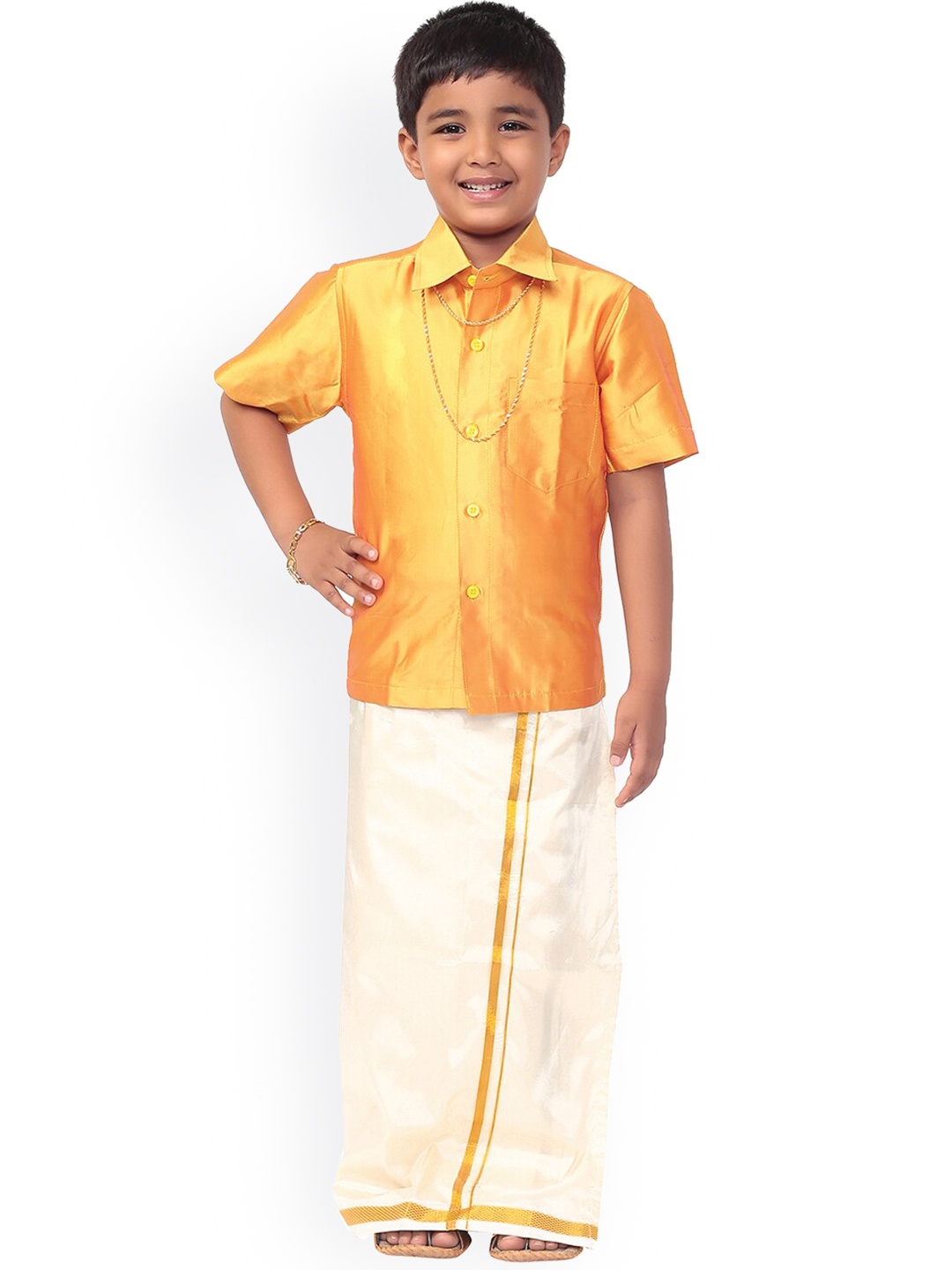 

Thangamagan Boys Mustard Yellow & White Solid Shirt and Veshti