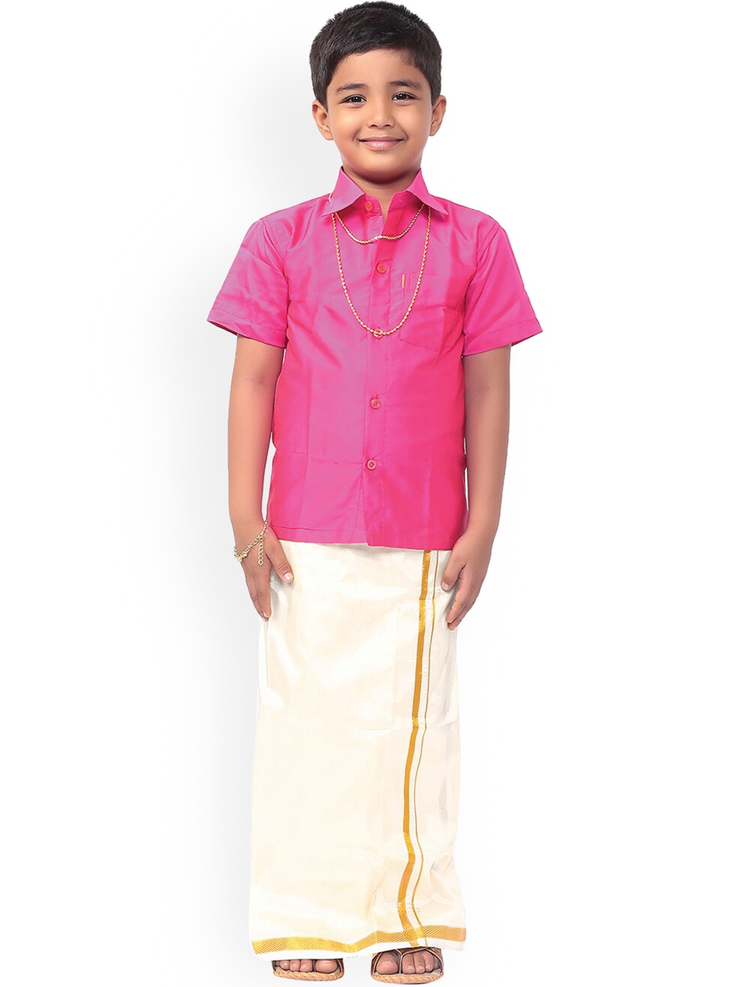 

Thangamagan Boys Pink & White Solid Shirt and Veshti