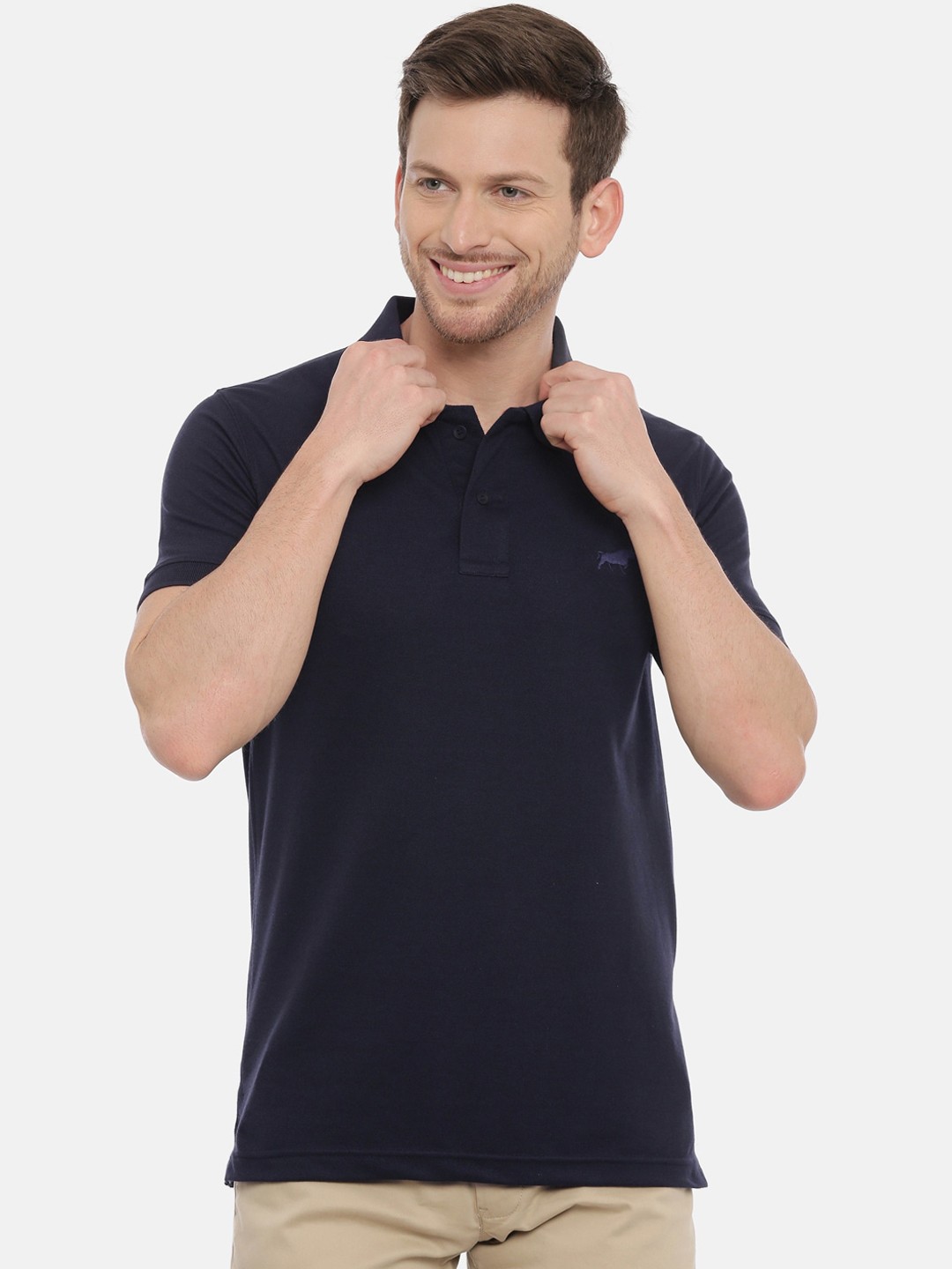 

Bushirt Men Navy Blue Solid Polo Collar T-shirt