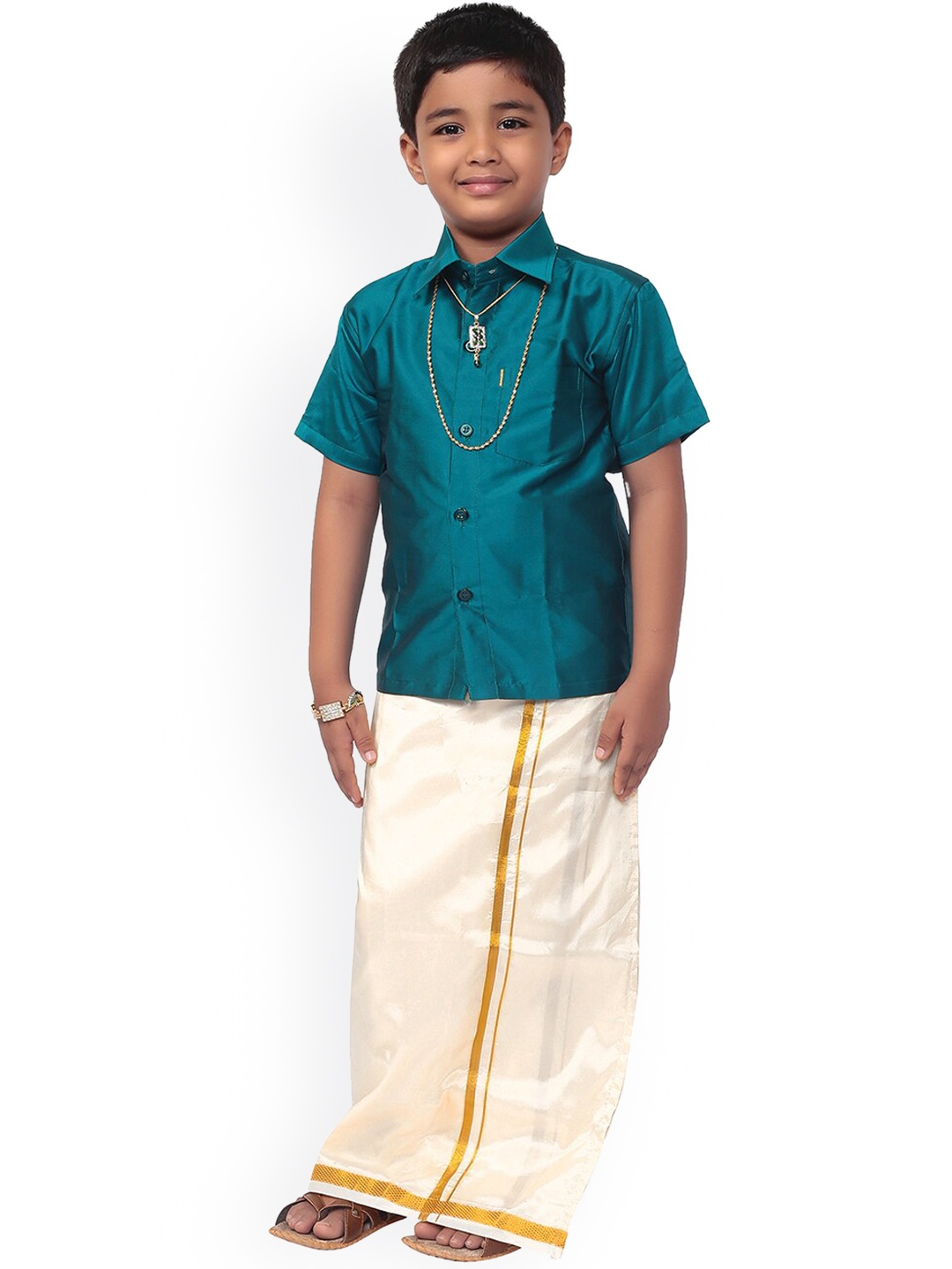 

Thangamagan Boys Teal Blue & White Solid Shirt and Veshti