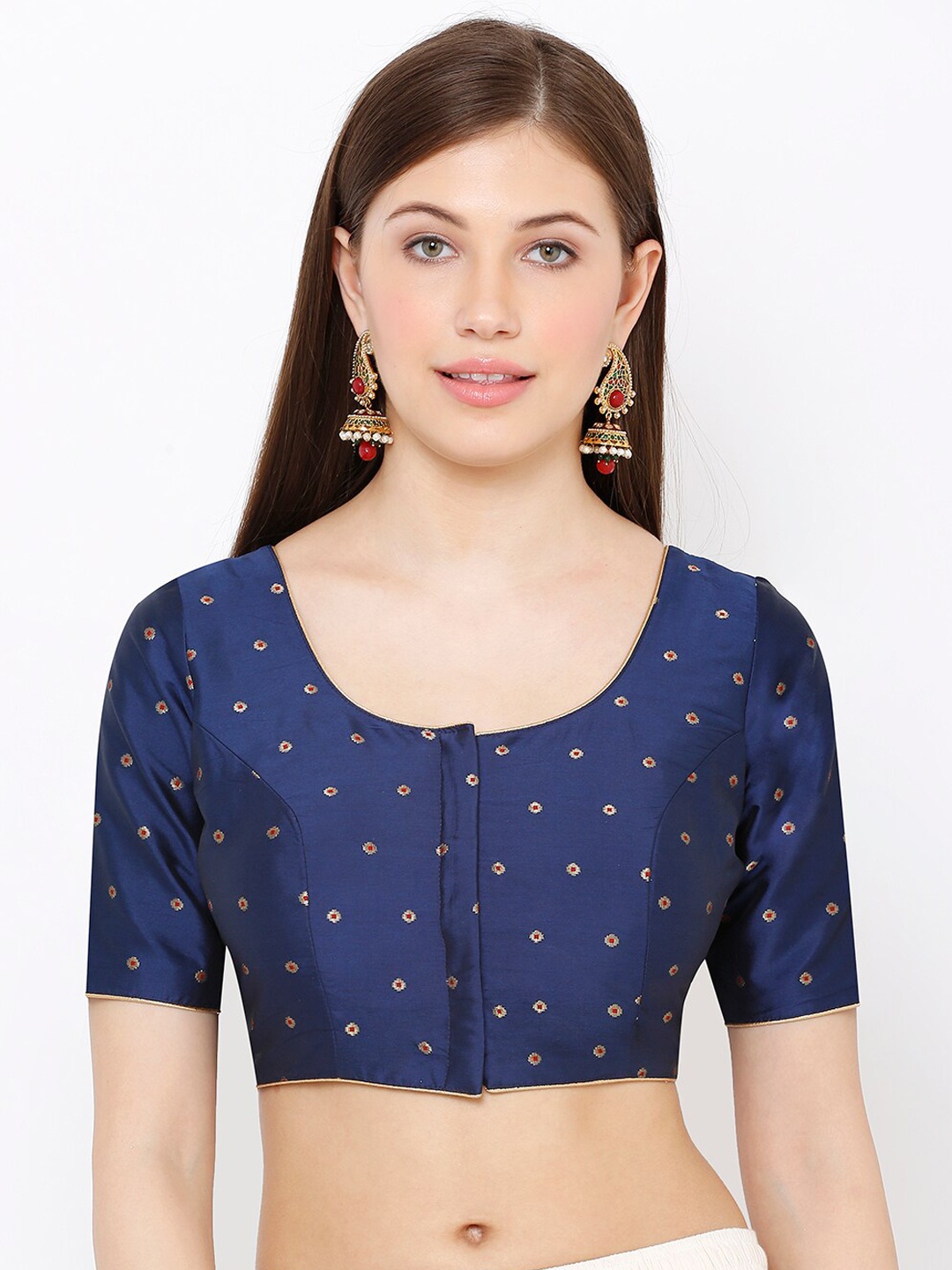 

SALWAR STUDIO Women Navy Blue & Gold-Toned Woven Design Readymade Saree Blouse