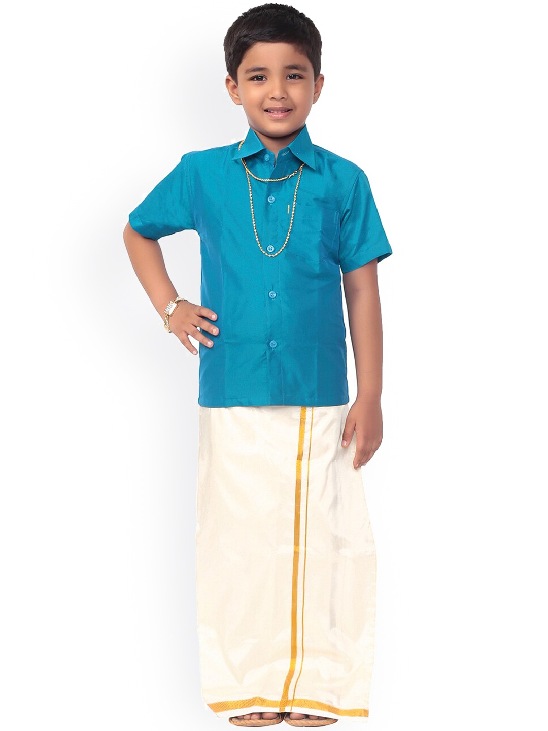 

Thangamagan Boys Blue & Off-White Solid Shirt and Veshti