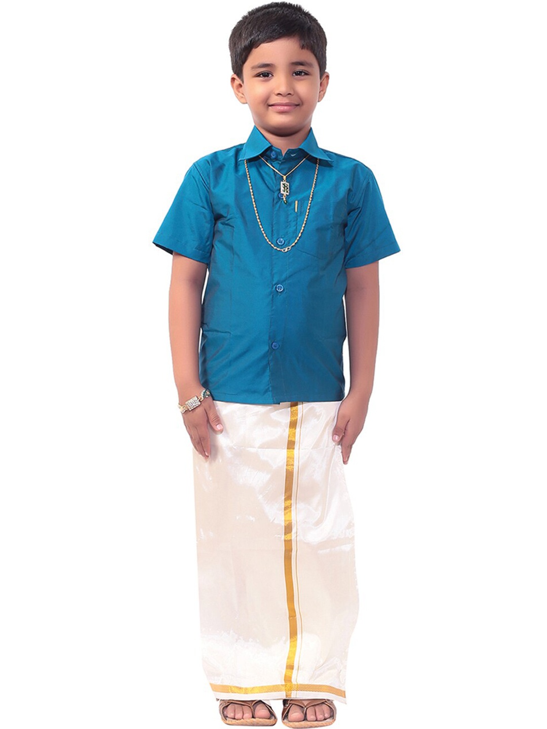 

Thala-thalapathy Boys Blue Solid Shirt with Veshti & Gift Set