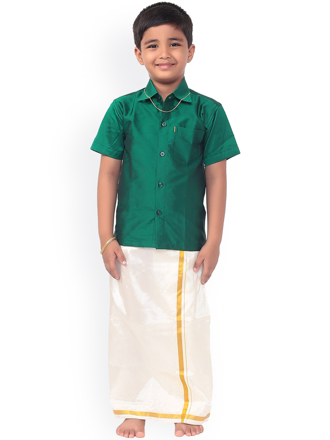 

Thala-thalapathy Boys Green & White Solid Shirt with Veshti & Towel With Gift Set