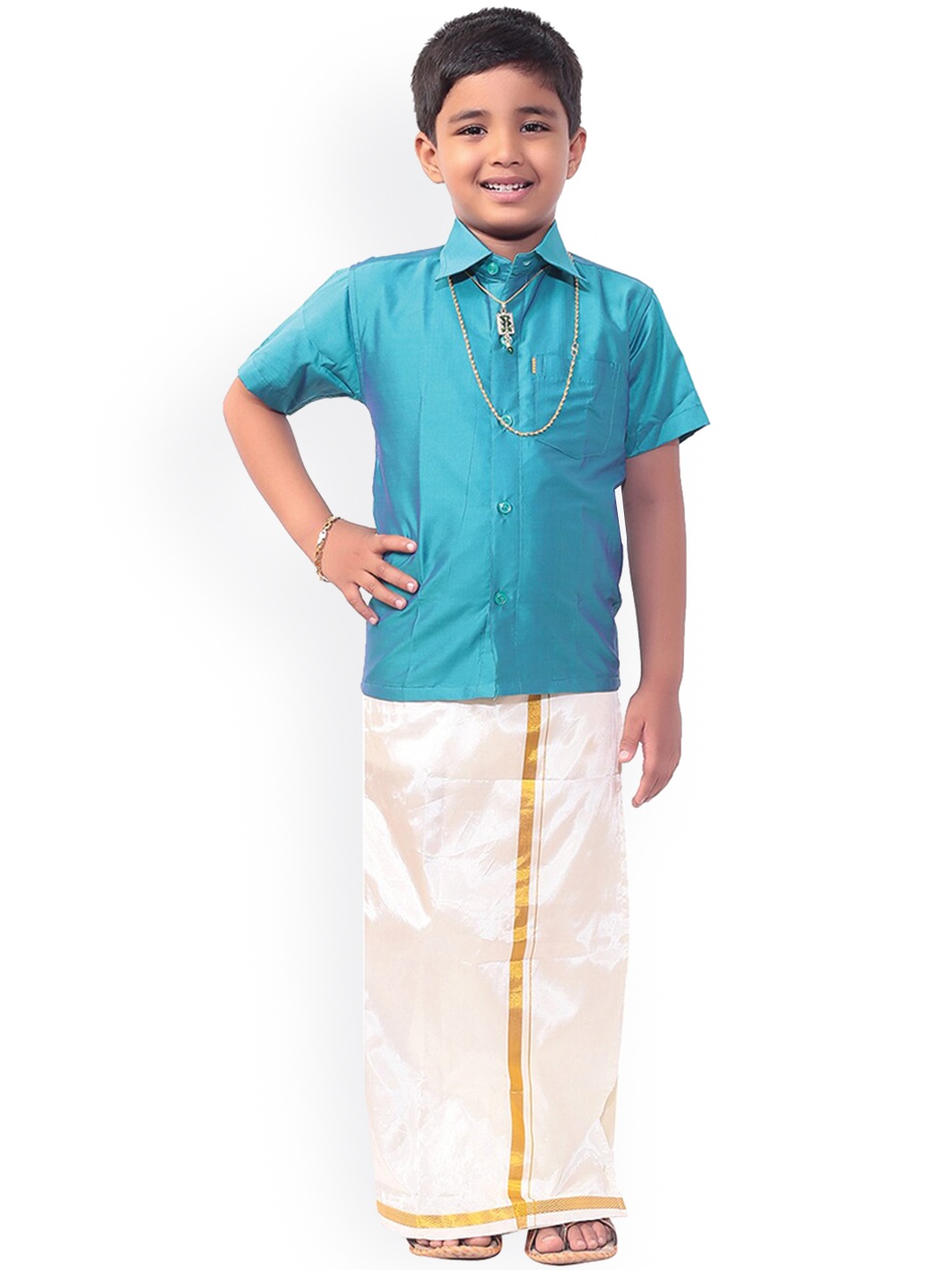 

Thala-thalapathy Boys Blue & Off-White Solid Shirt with Veshti & Gift