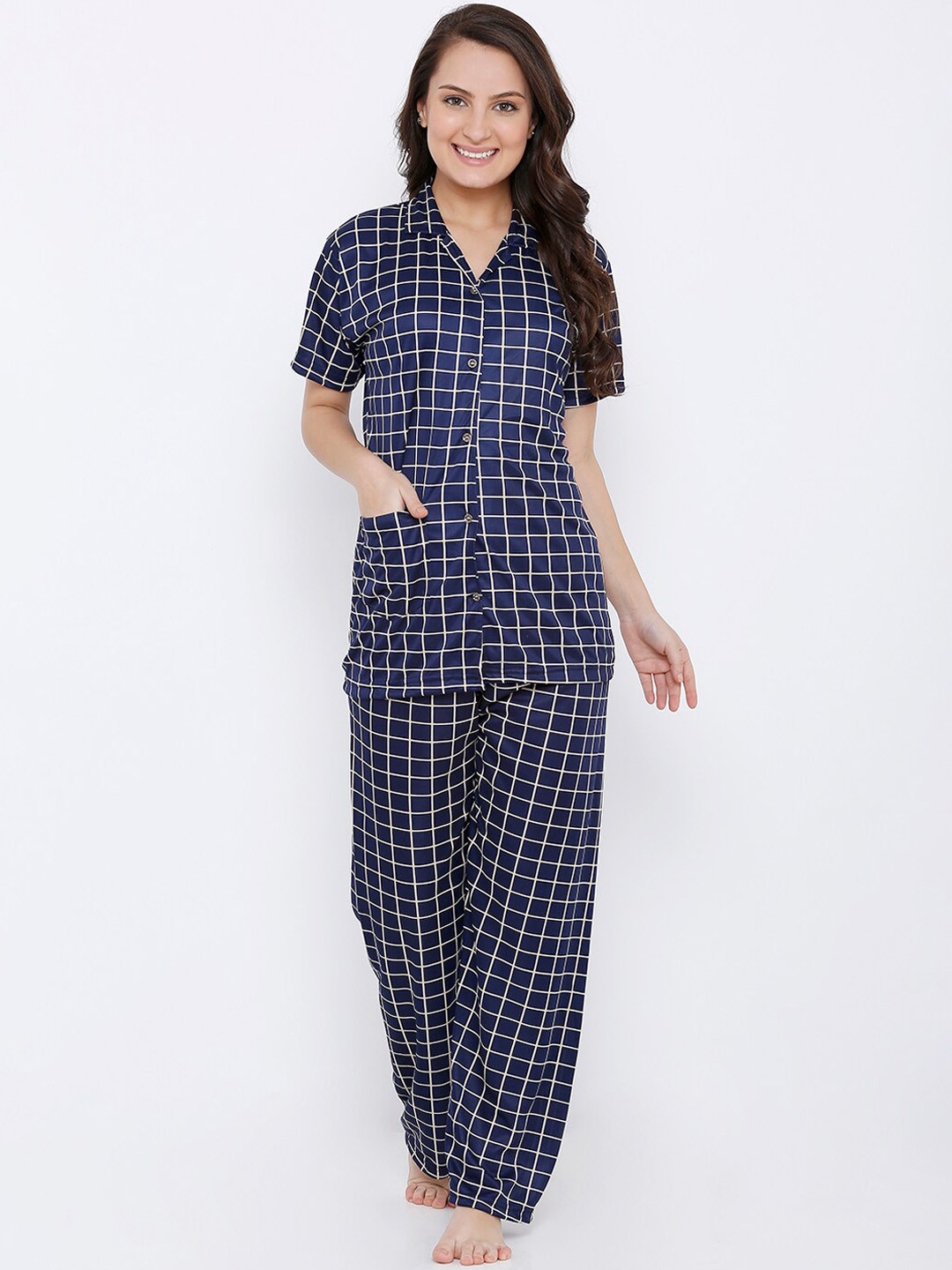 

Pretty Awesome Women Navy Blue & Yellow Checked Sustainable Night Suit