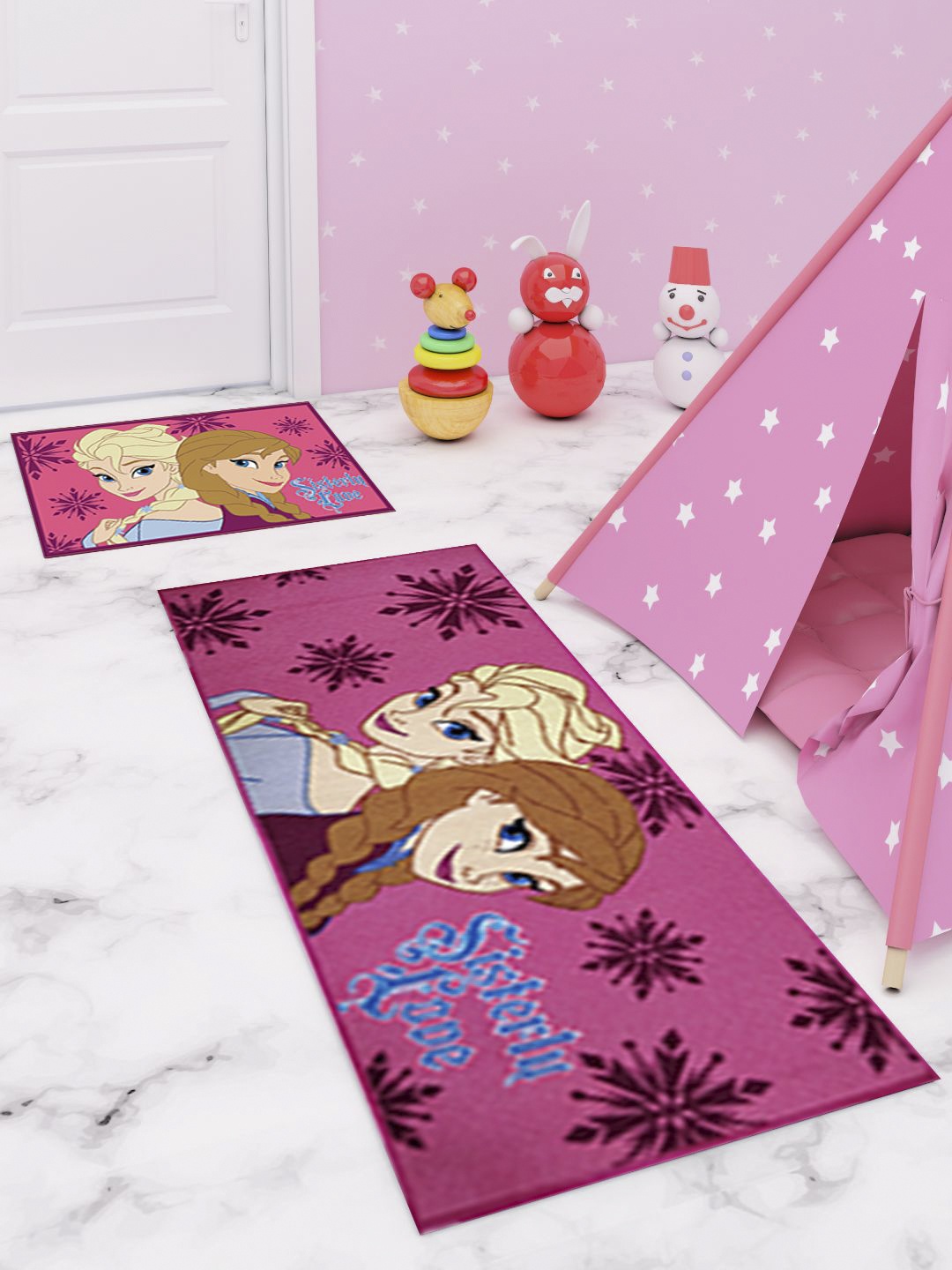Disney Set Of 2 Blue & Pink Printed Premium Runner Carpet & Doormat
