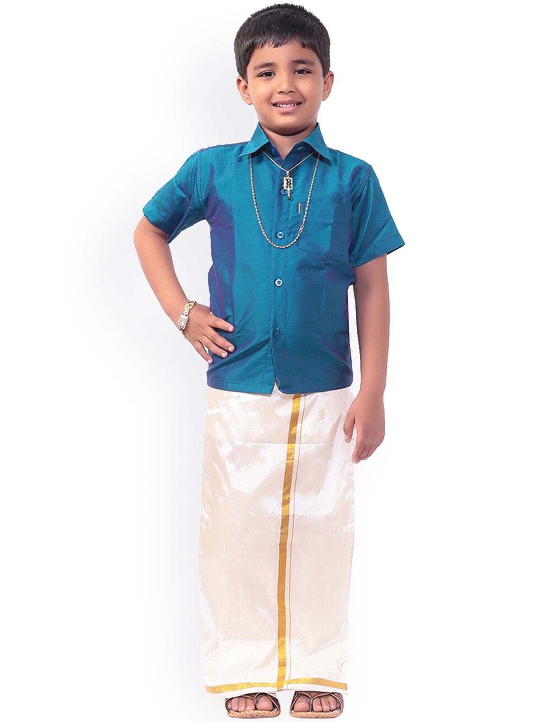 Thangamagan Boys Teal Blue & White Solid Shirt and Veshti