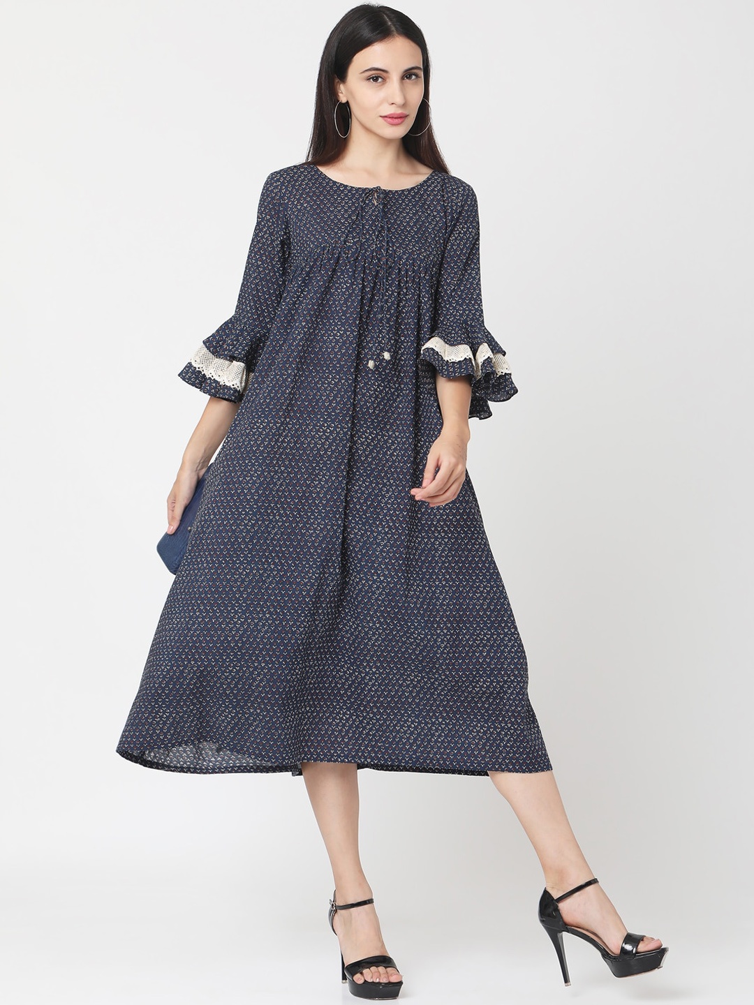 

Saanjh Women Navy Blue Printed A-Line Ethnic Dress