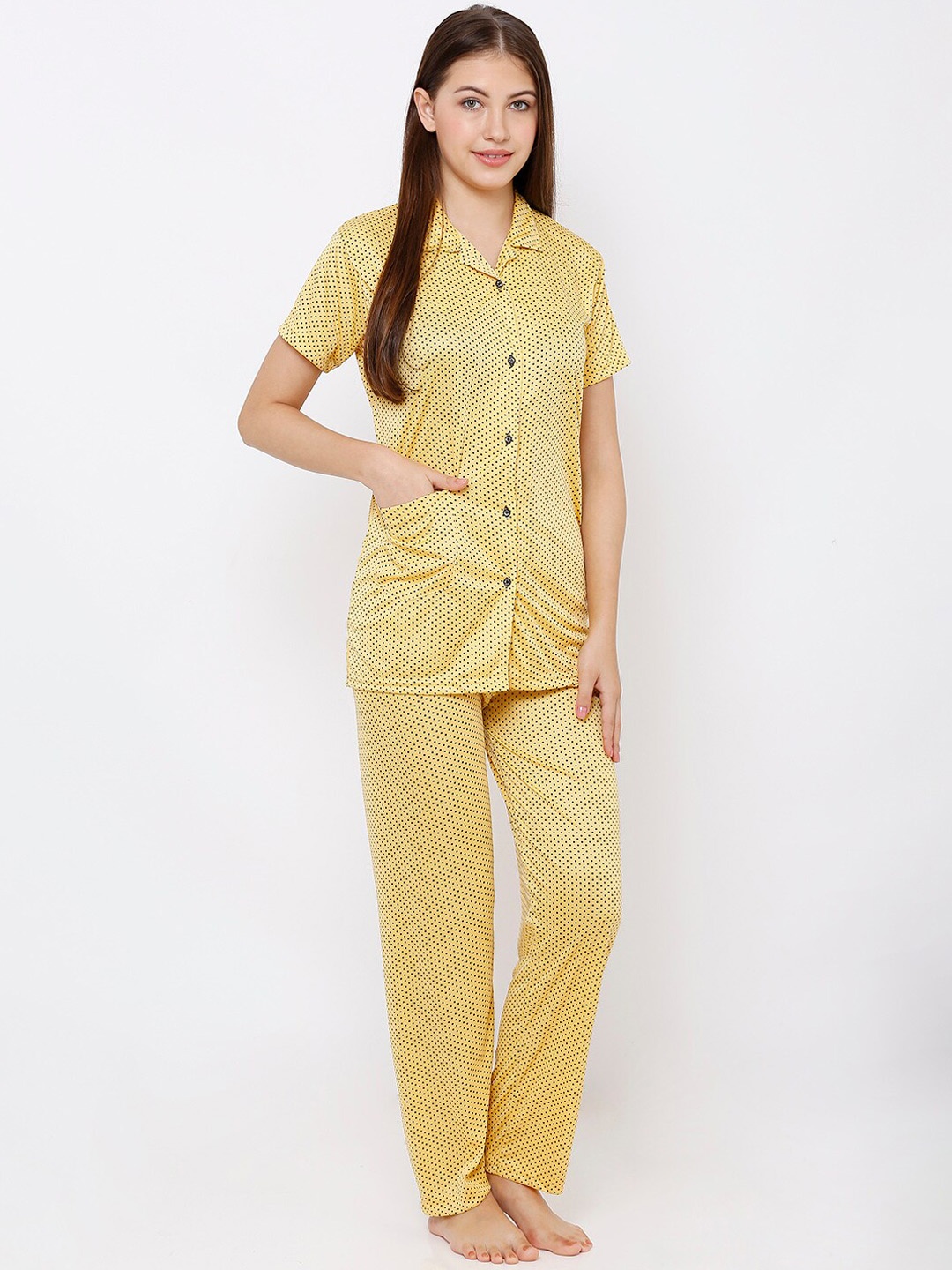 

Pretty Awesome Women Yellow & Black Printed Sustainable Night Suit