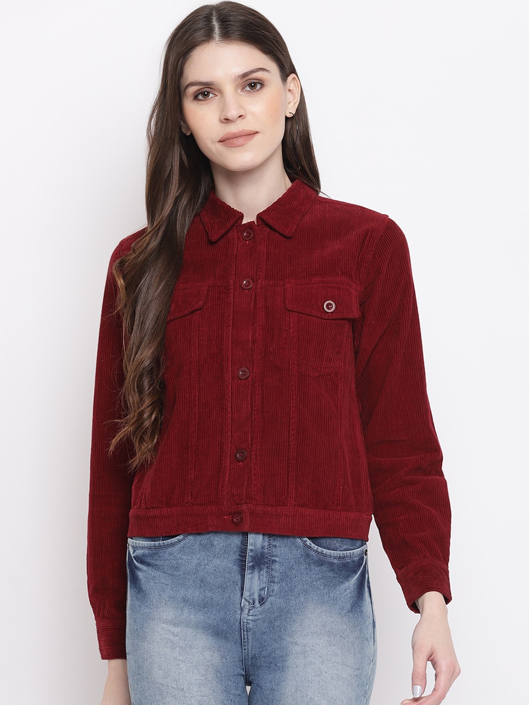 

Mayra Women Maroon Solid Tailored Crop Jacket