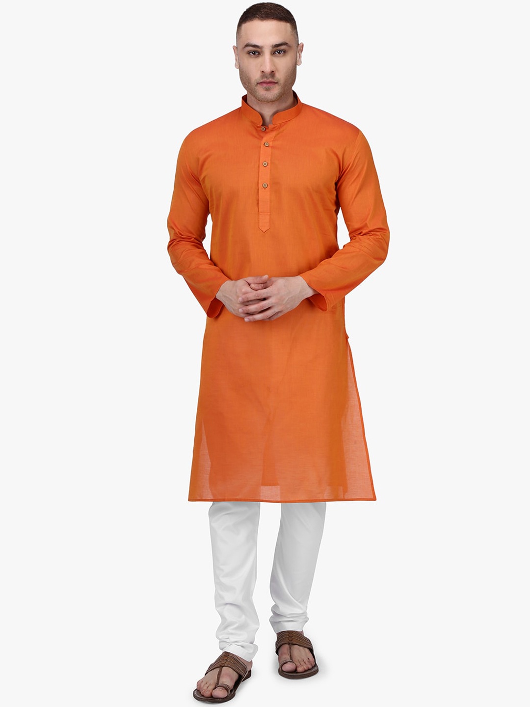 

RAJUBHAI HARGOVINDAS Men Orange & White Solid Kurta with Churidar