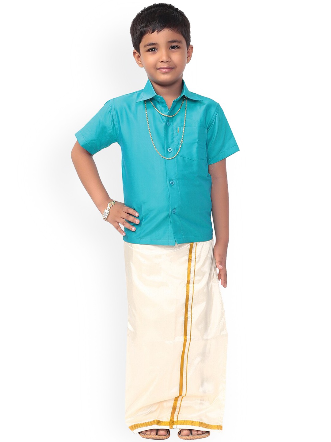 

Thala-thalapathy Boys Blue & Cream-Coloured Solid Shirt with Veshti & Gift Set