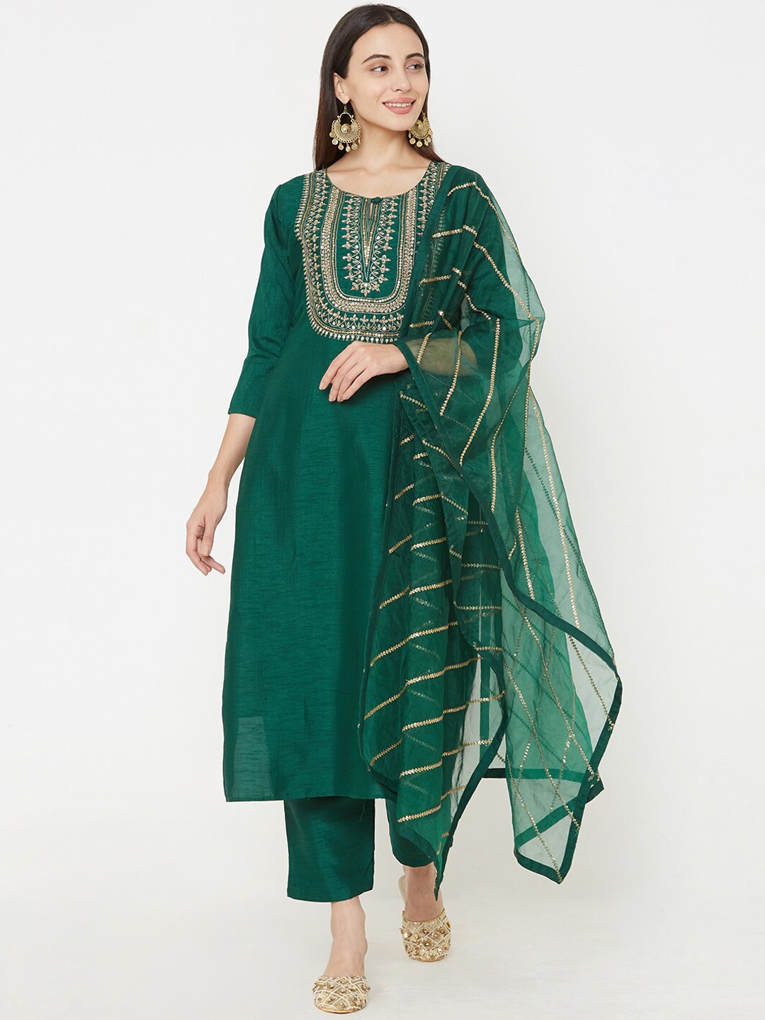 

FASHOR Women Green Embroidered Kurta with Trousers & Dupatta