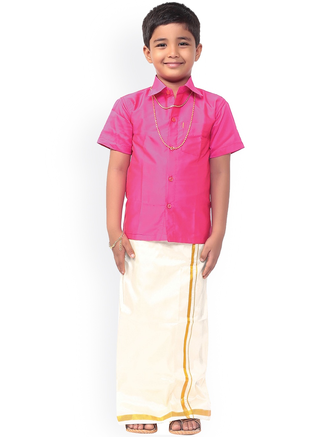 

Thala-thalapathy Boys Rose Pink & Cream-Colored Solid Shirt and Veshti