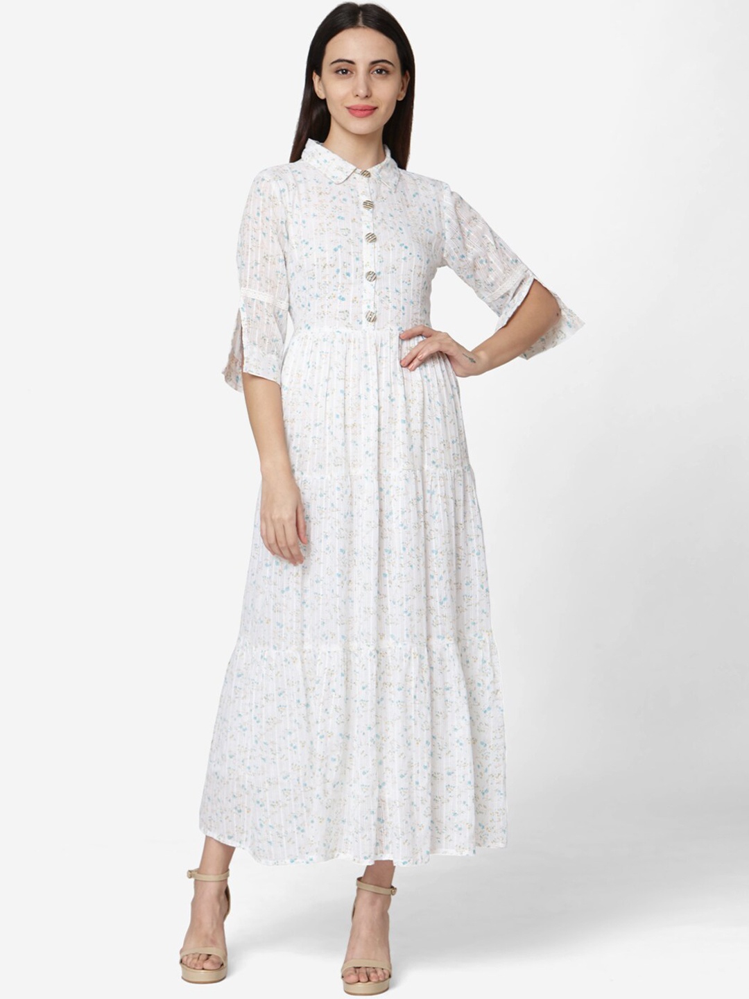

Saanjh Women White Printed Maxi Ethnic Dress