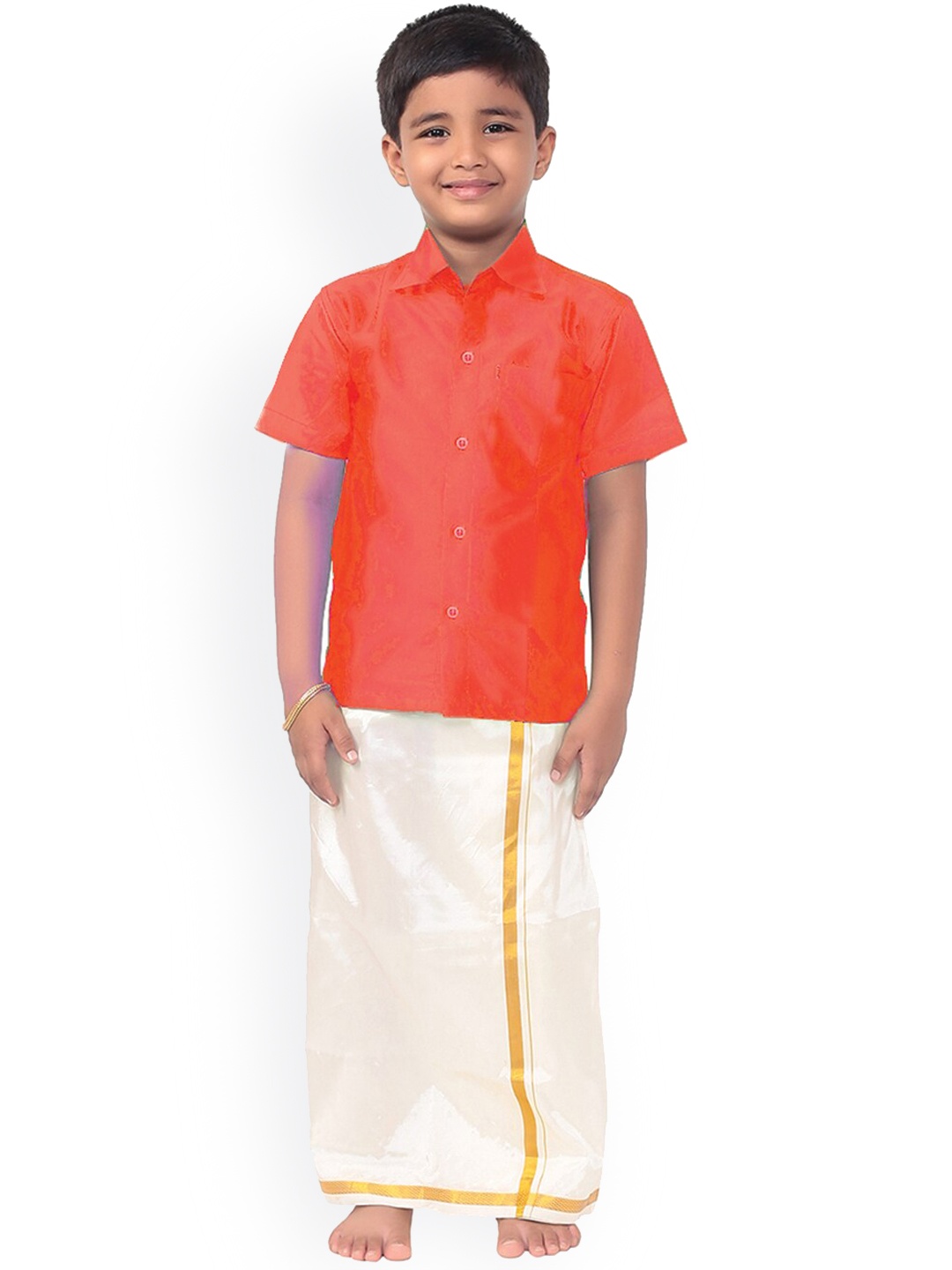 

Thangamagan Boys Orange & White Solid Shirt and Veshti