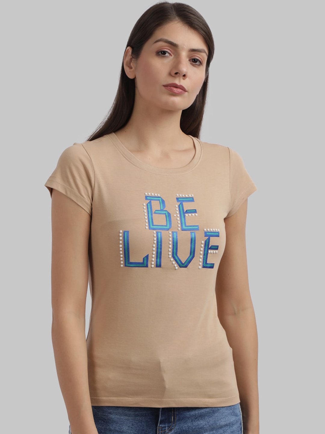 

Parx Women Beige Self Design Round Neck T-shirt