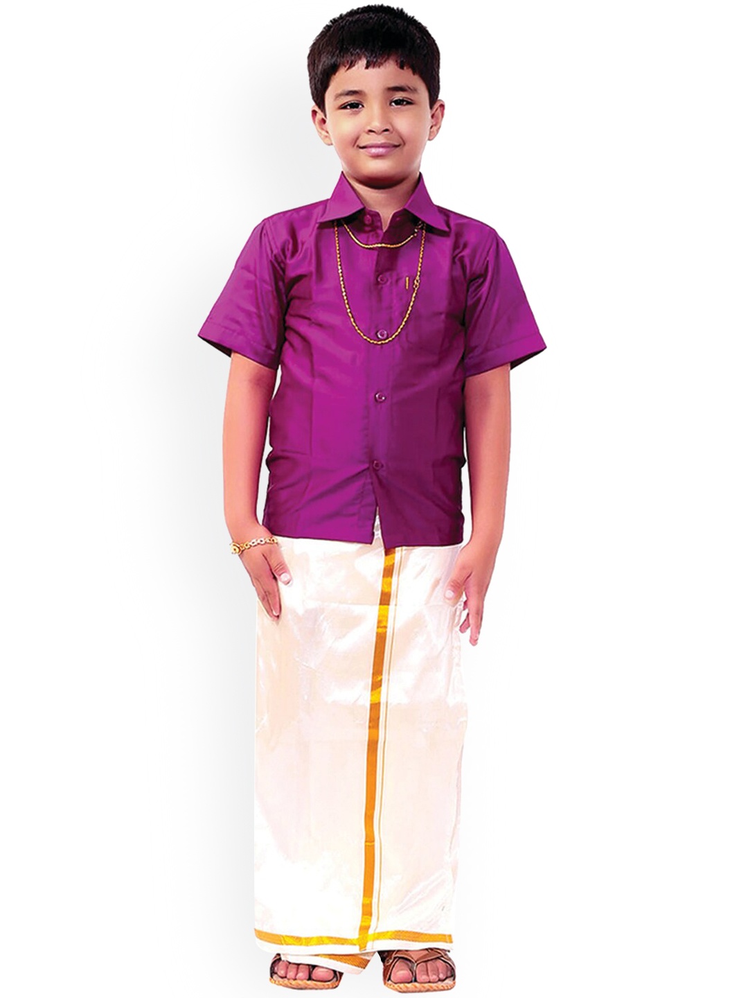 

Thala-thalapathy Boys Violet & White Solid Shirt and Veshti