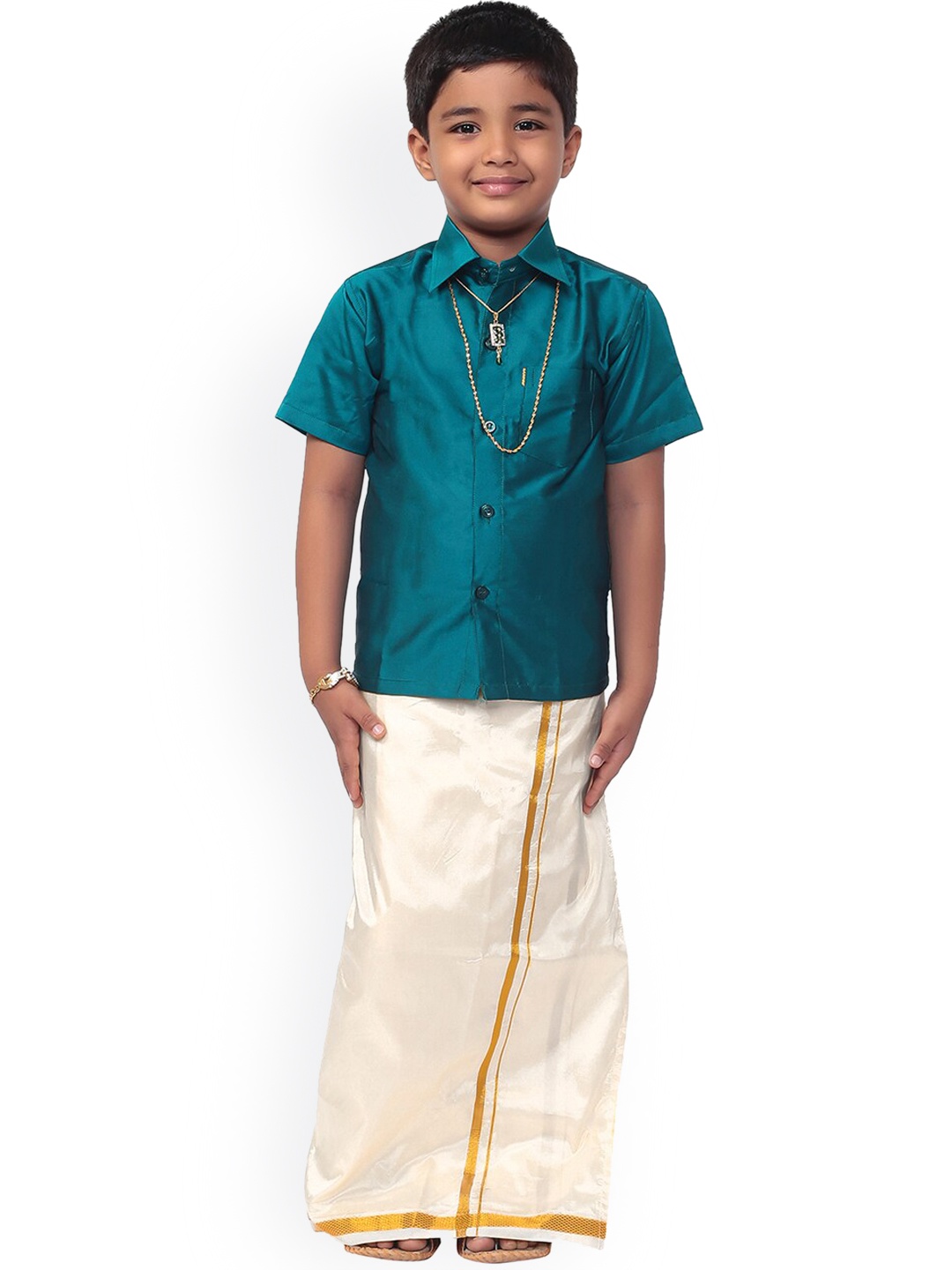 

Thangamagan Boys Teal Blue & White Solid Shirt and Veshti
