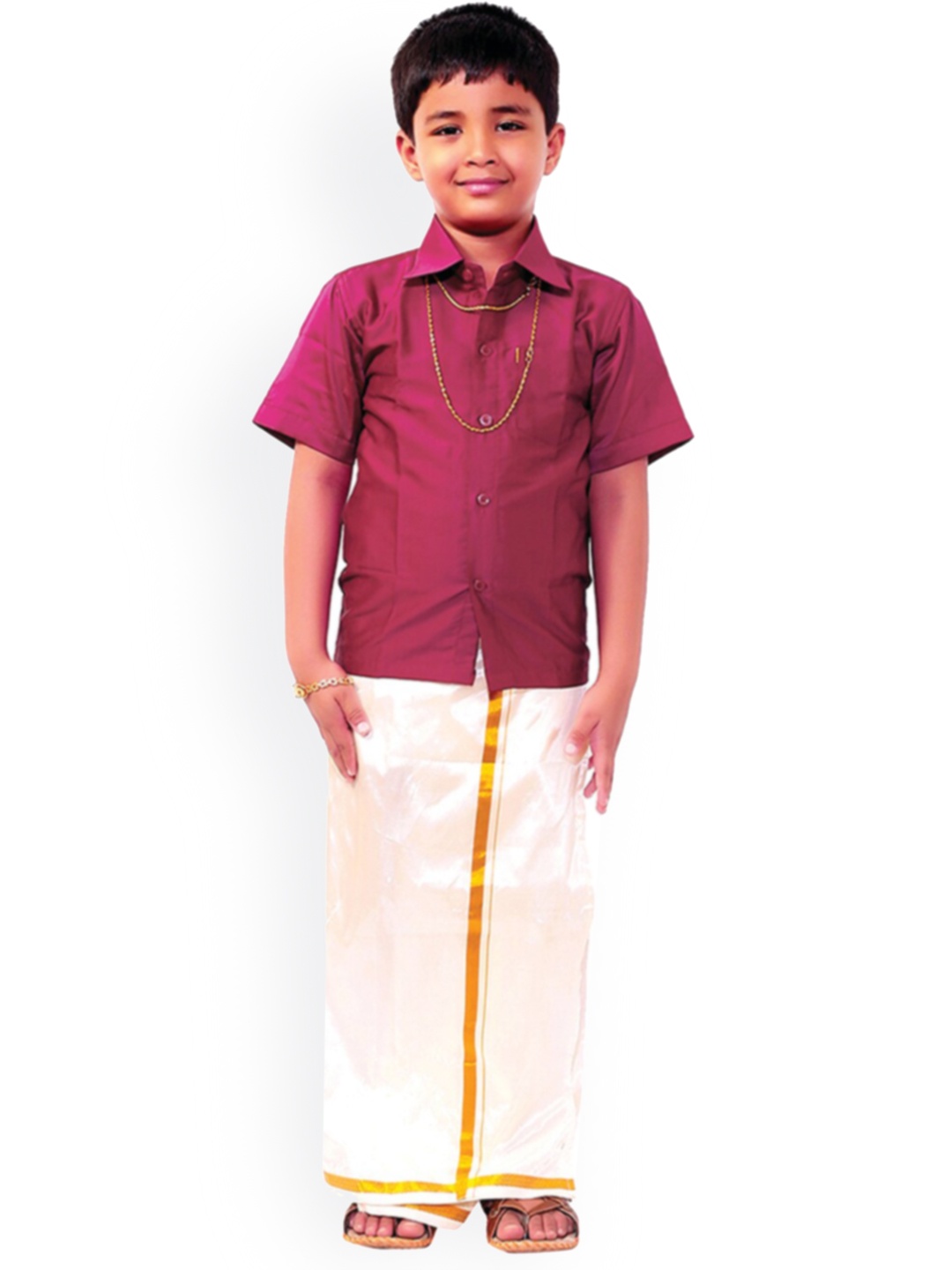 Thangamagan Boys Magenta & White Solid Shirt and Veshti