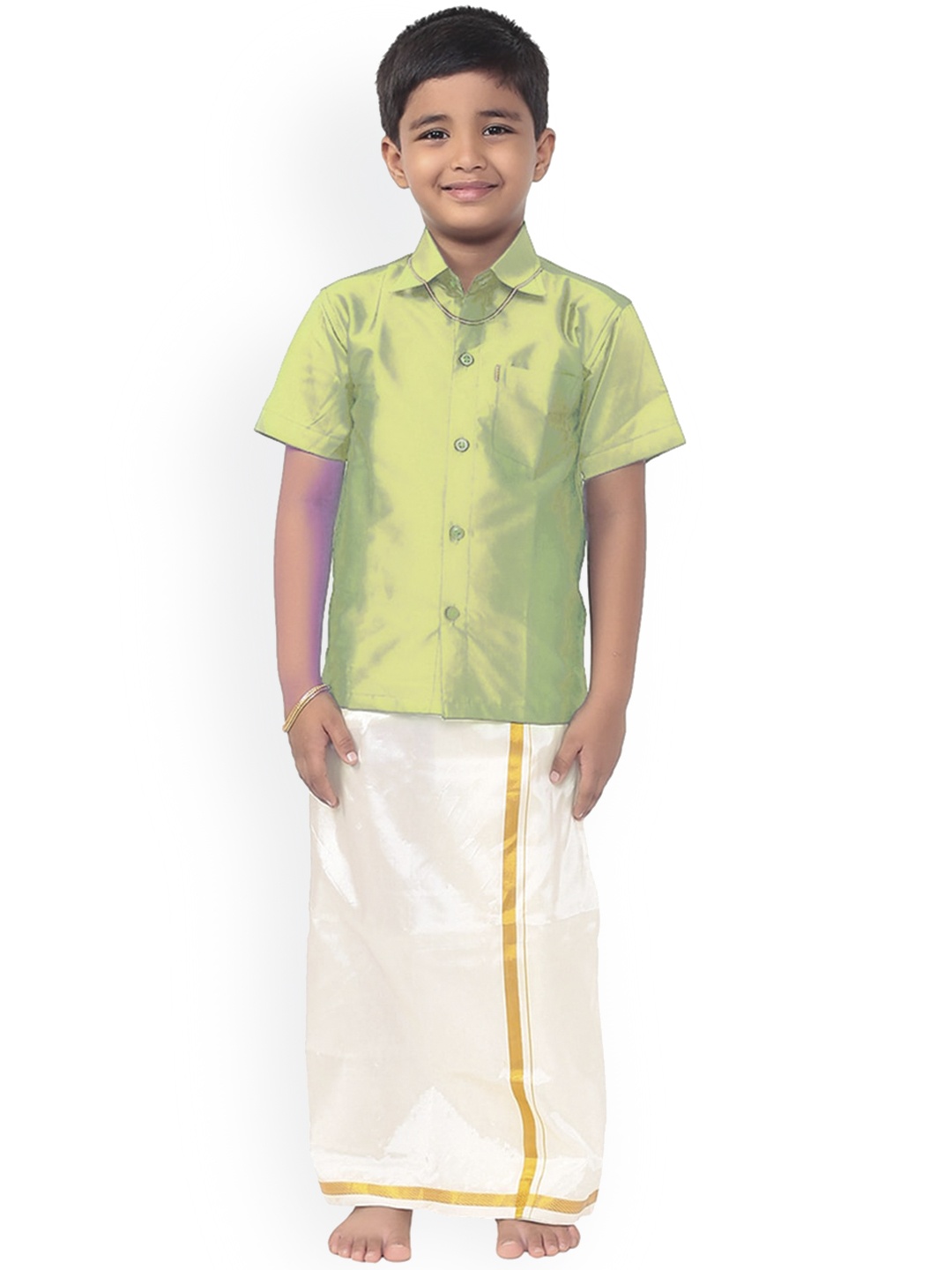 

Thangamagan Boys Green& Off- White Solid Shirt and Veshti