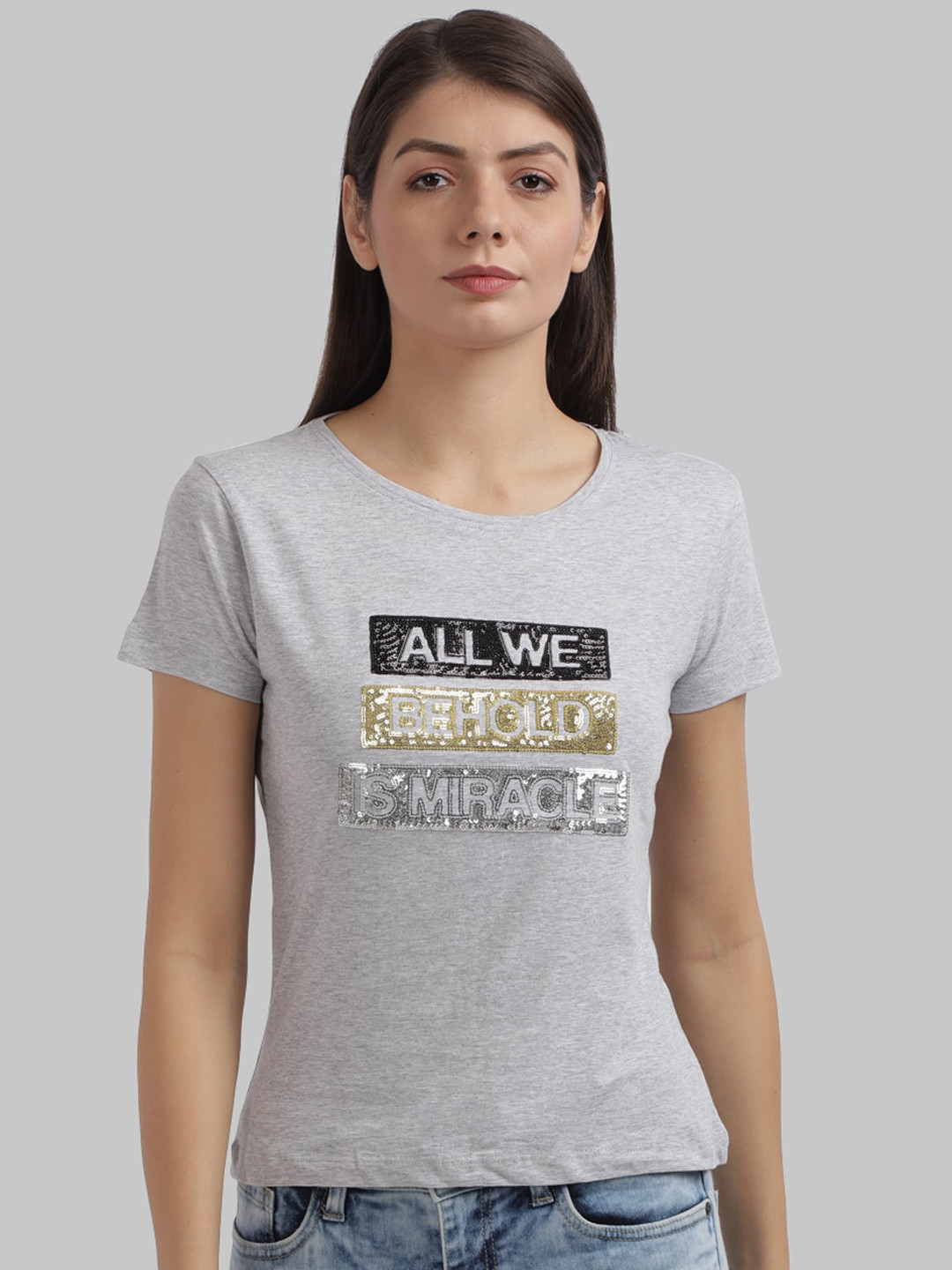 

Parx Women Grey Self Design Round Neck T-shirt