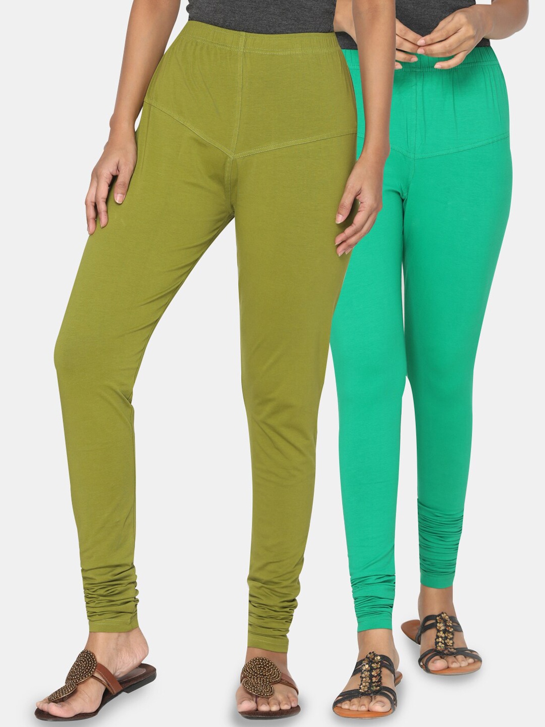 TSG Bliss Women Pack Of 2 Solid Churidar-Length Leggings, Olive