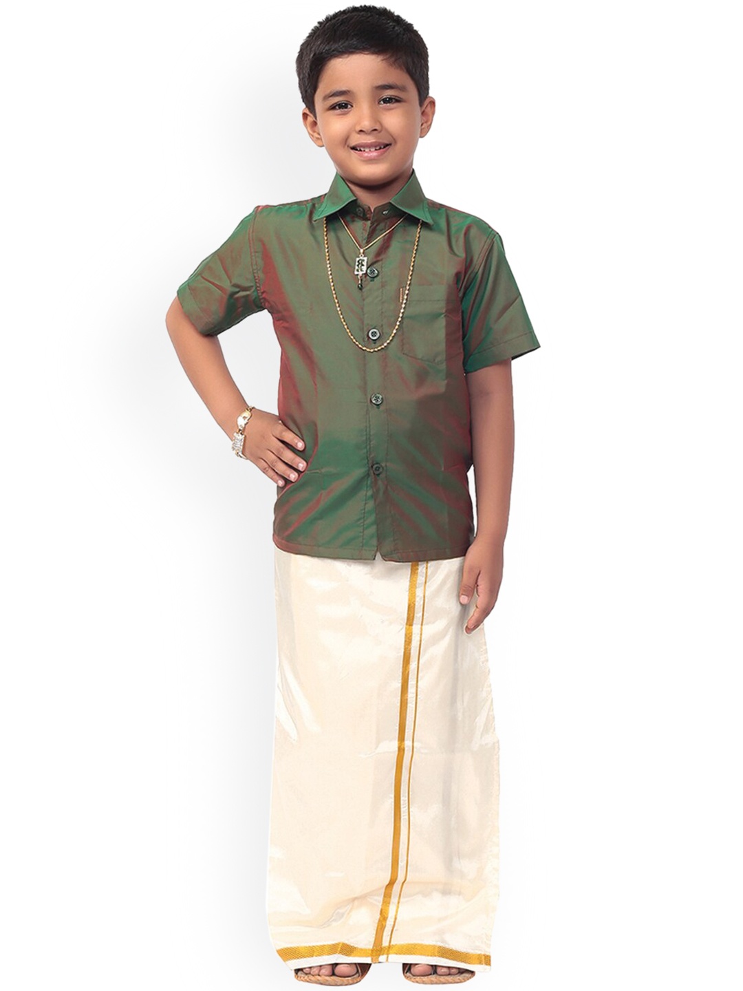 Thangamagan Boys Olive Green & White Solid Shirt and Veshti