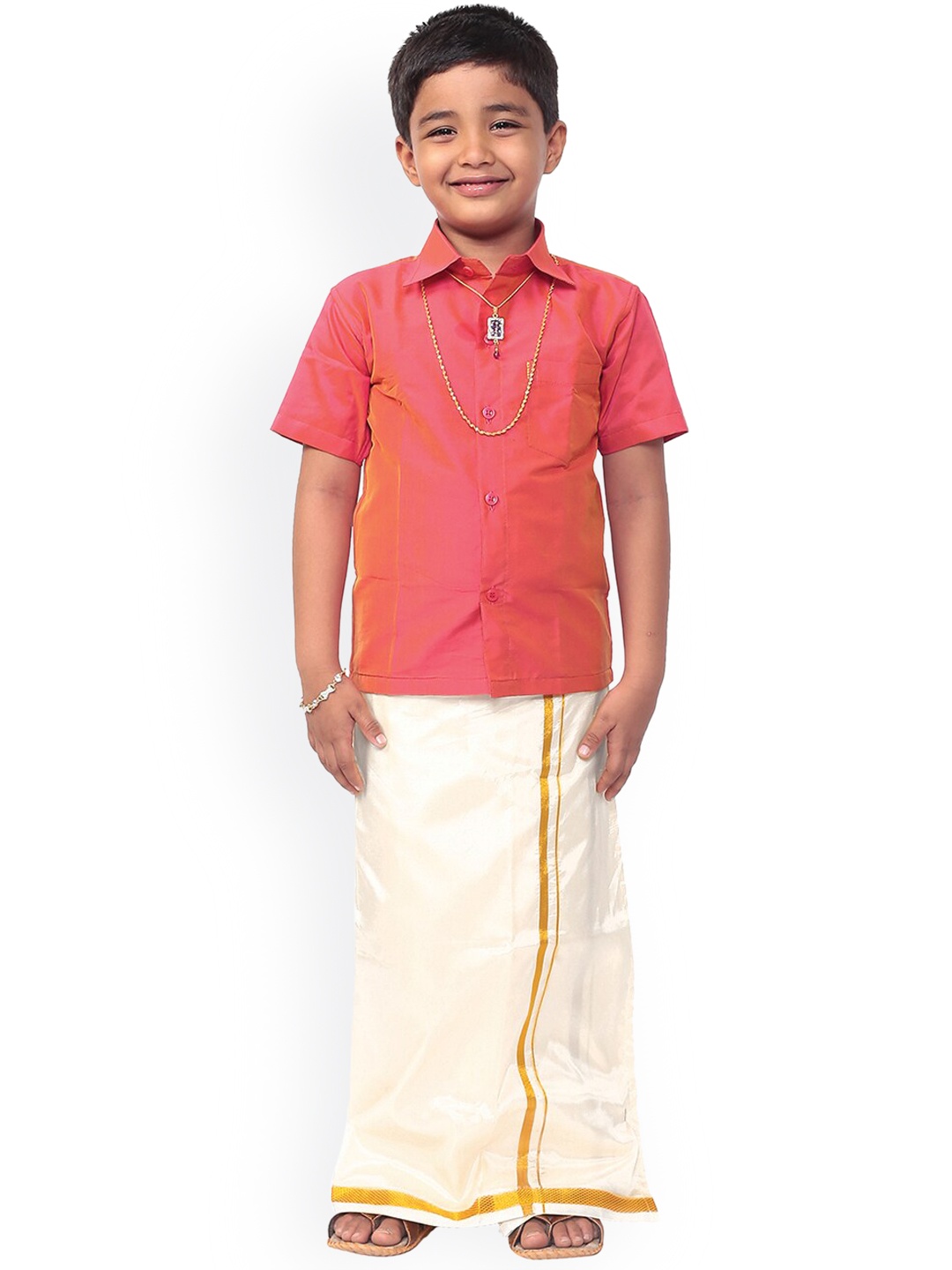 

Thala-thalapathy Boys Pink & Off-White Solid Shirt and Veshti