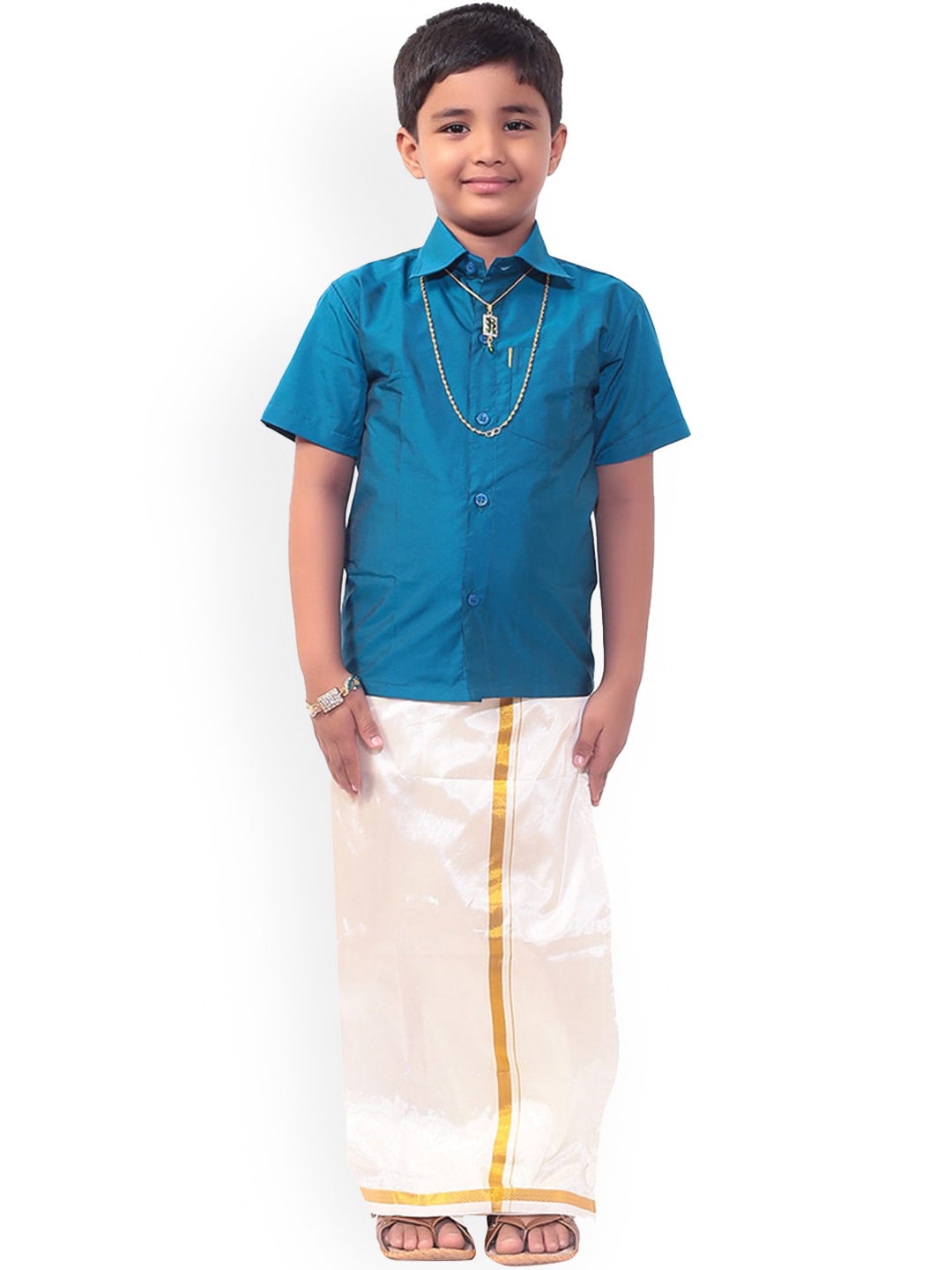 

Thala-thalapathy Boys Blue & Off- White Solid Shirt and Veshti With Gift Set