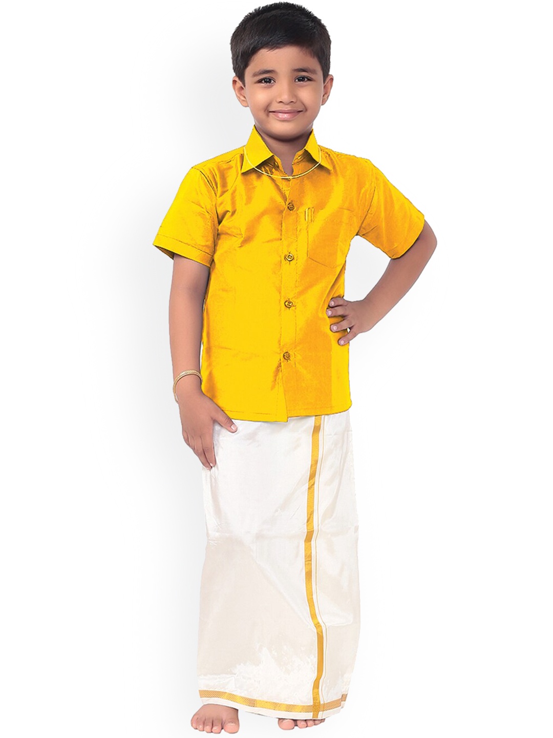 

Thala-thalapathy Boys Yellow & Gold-Coloured Solid Shirt with Veshti & Gift Set