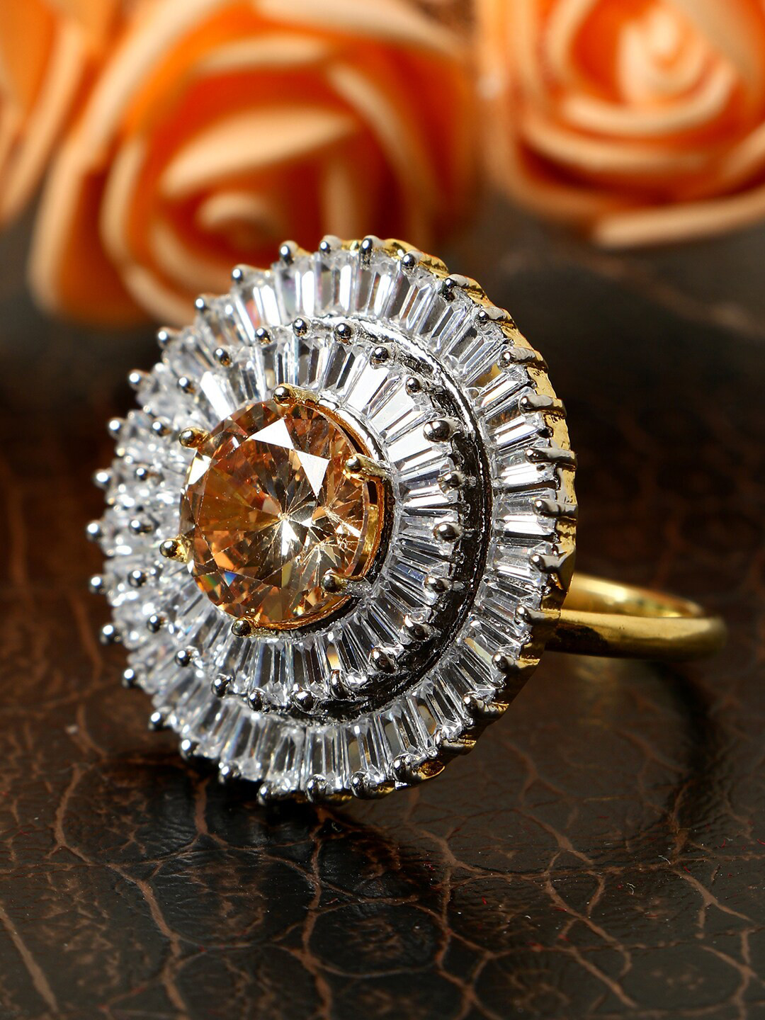 

ANIKAS CREATION Gold-Plated Yellow & White American Diamond Studded Handcrafted Finger Ring