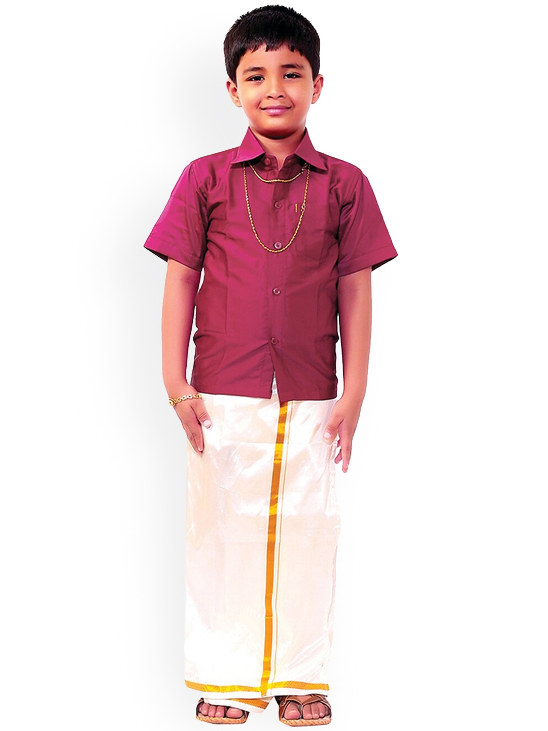 Thala-thalapathy Boys Pink Solid Shirt with Veshti & Gift Set