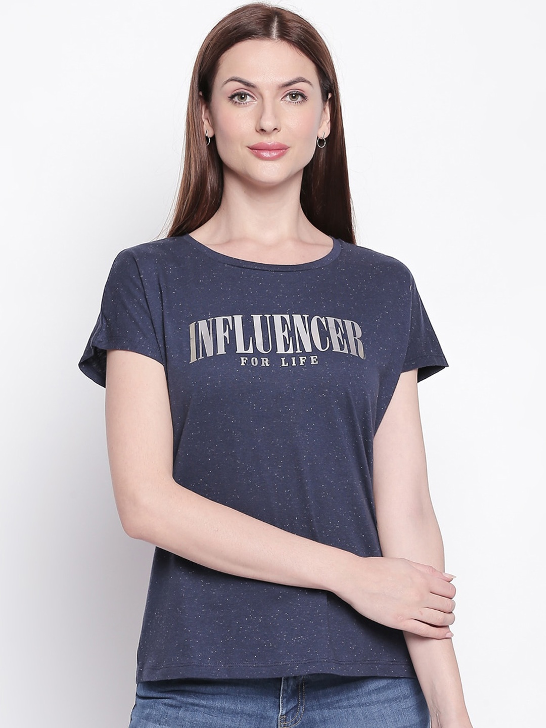 

Honey by Pantaloons Women Blue & Silver-Coloured Printed Round Neck T-shirt
