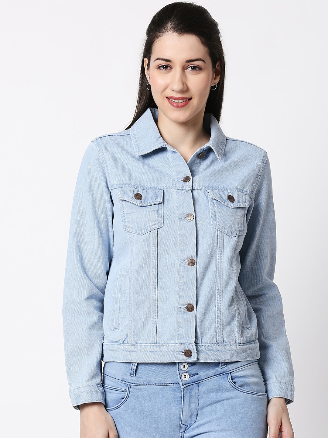 

High Star Women Blue Solid Denim Jacket