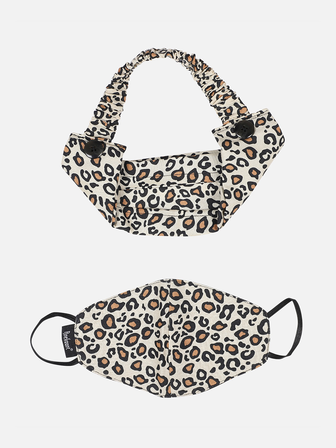 

Anekaant Women Beige & Black Printed 3-Ply Reusable Cloth Mask With Headband