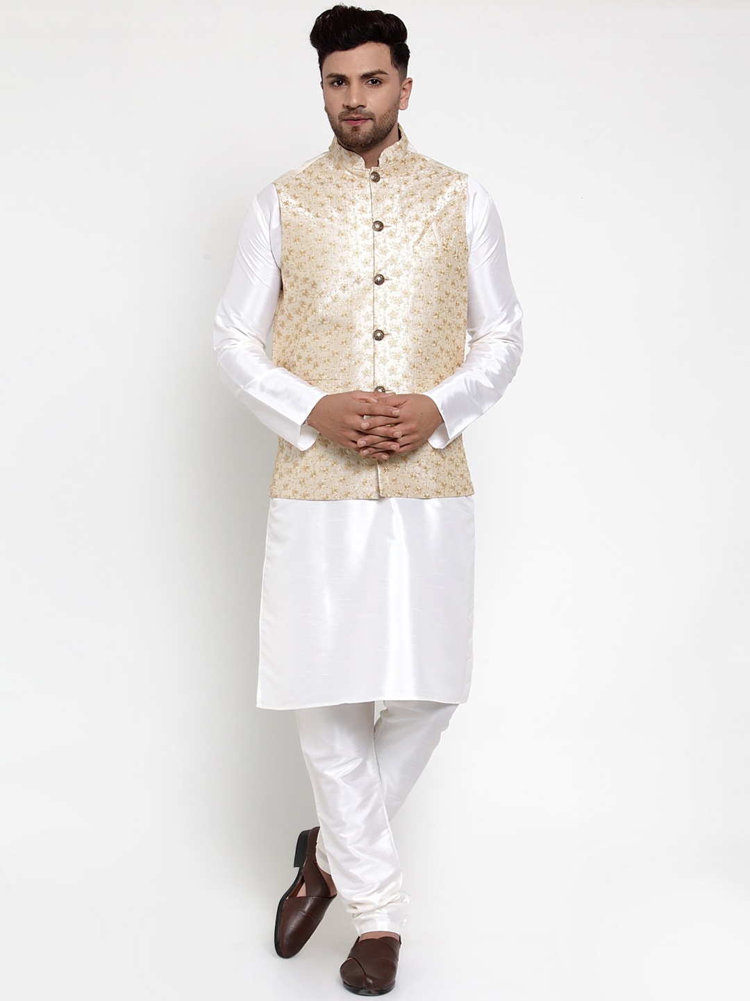 

Jompers Men White & Cream-Coloured Solid Kurta with Pyjamas