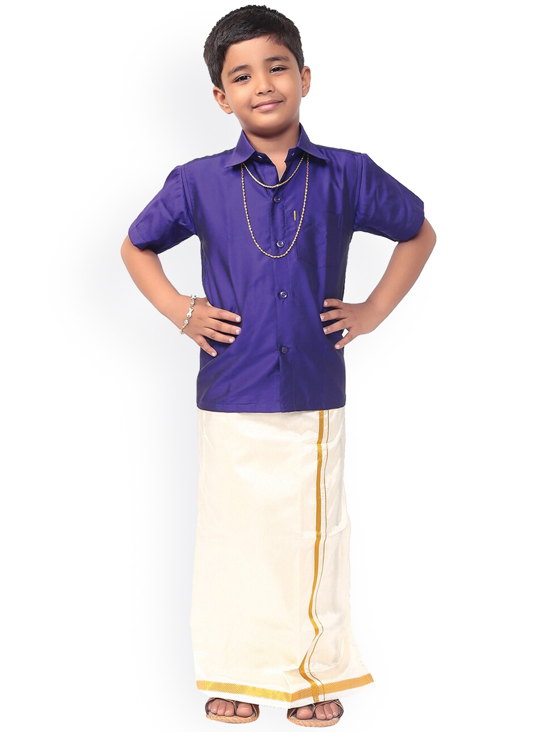 

Thangamagan Boys Blue & Off-White Solid Shirt and Veshti