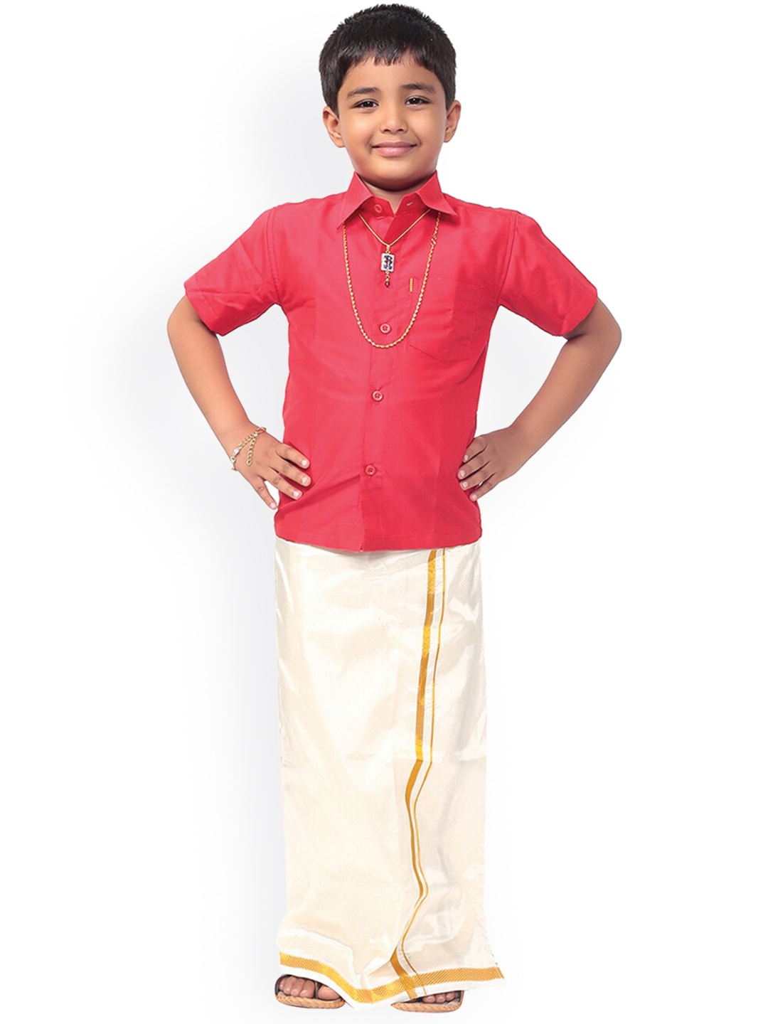 Thangamagan Boys Coral Red & Off- White Solid Shirt and Veshti
