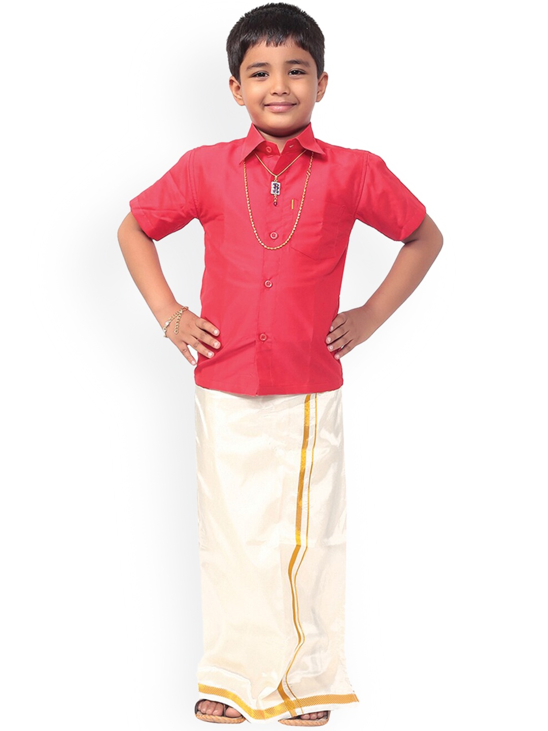 

Thangamagan Boys Red & Off-White Solid Shirt & Veshti